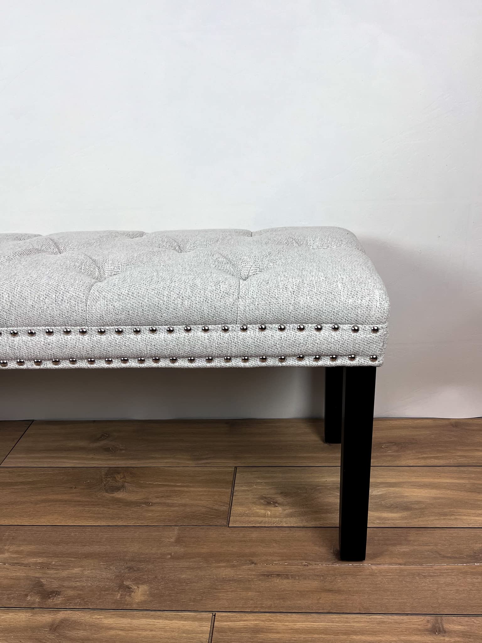 Cora Upholstered Tufted Bench - Dining Bench & Bedroom Seat with Silver Nailhead Trim, Cream Fabric - Perfect for Living Room, Hallway or End of Bed Decor