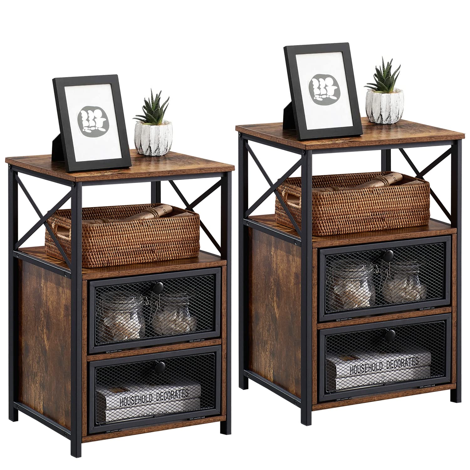 Modern Night Stands Set of 2 - Industrial Design Bedside Tables with Drawers & Storage Shelf for Bedroom or Living Room - Perfect for Small Spaces, Apartment Decor & Guest Rooms (Brown)