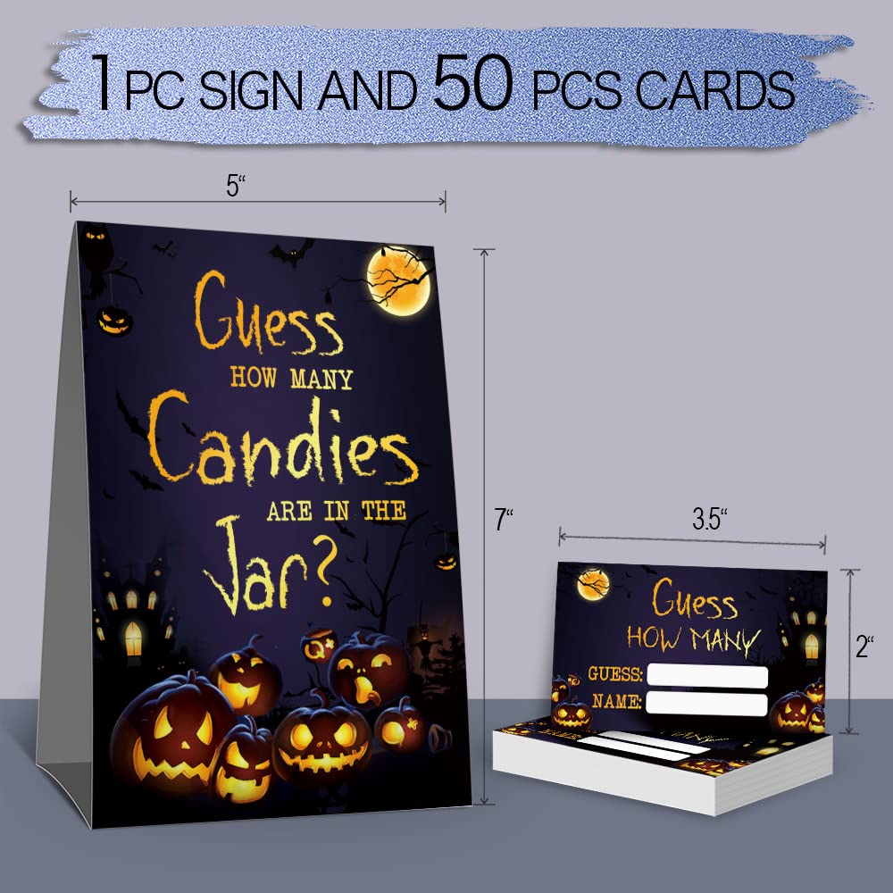 Halloween Guess How Many Candies Game Kit - 50 Fun Pumpkin Party Guessing Cards with Standing Sign - Perfect for Trick or Treat, Fall Festival Decorations & Spooky Party Activities