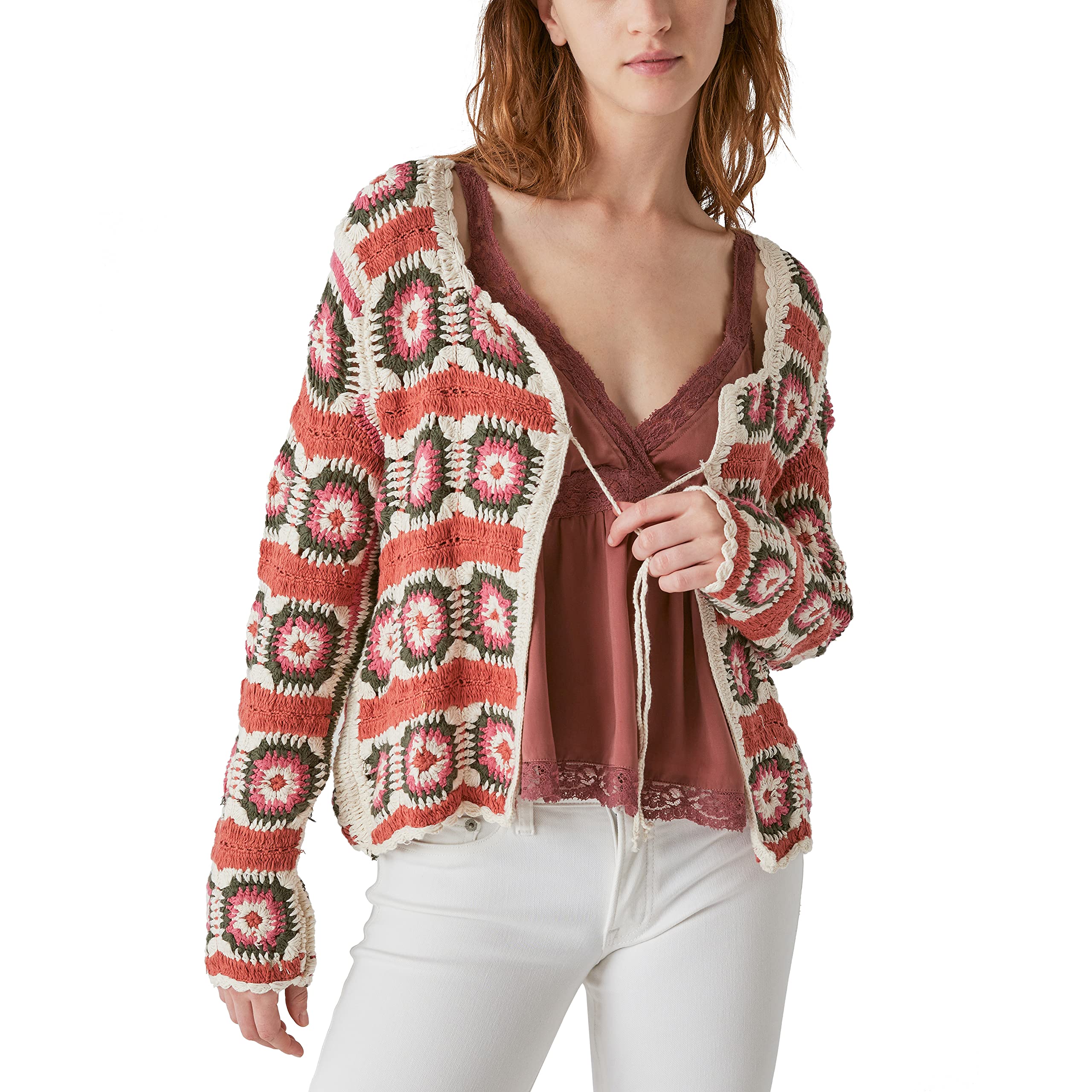 Lucky Brand Women's Geo Crochet Cardigan - Lightweight Open Front Sweater for Spring & Summer | Boho Chic Lace Cover-Up for Beach, Vacation & Casual Outfits