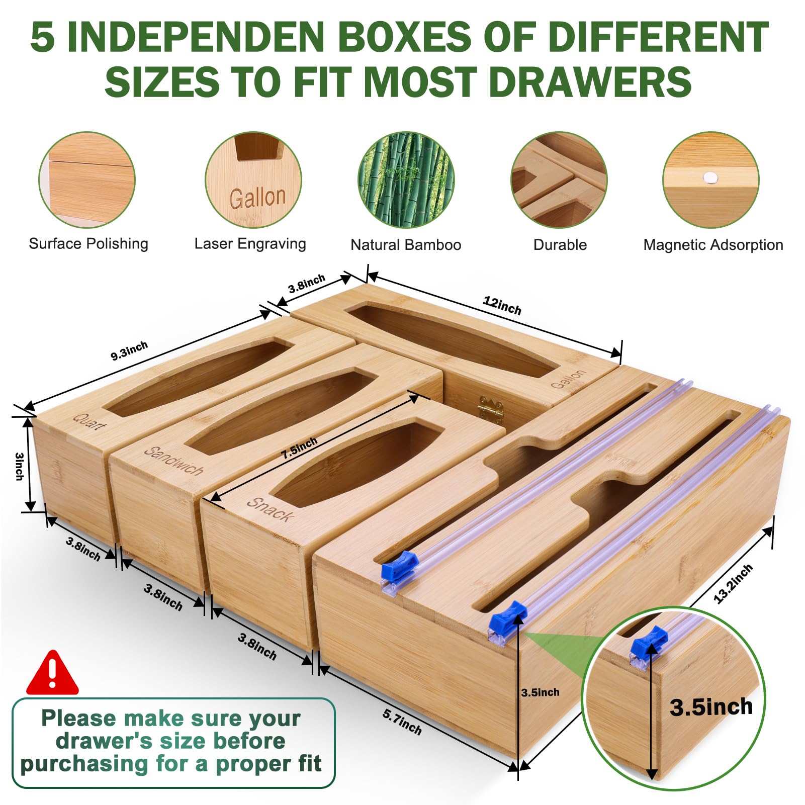 Bamboo Kitchen Drawer Organizer with Foil & Plastic Wrap Storage - Gallon, Quart, Sandwich & Snack Bags Organizer for Pantry, Fridge & Meal Prep