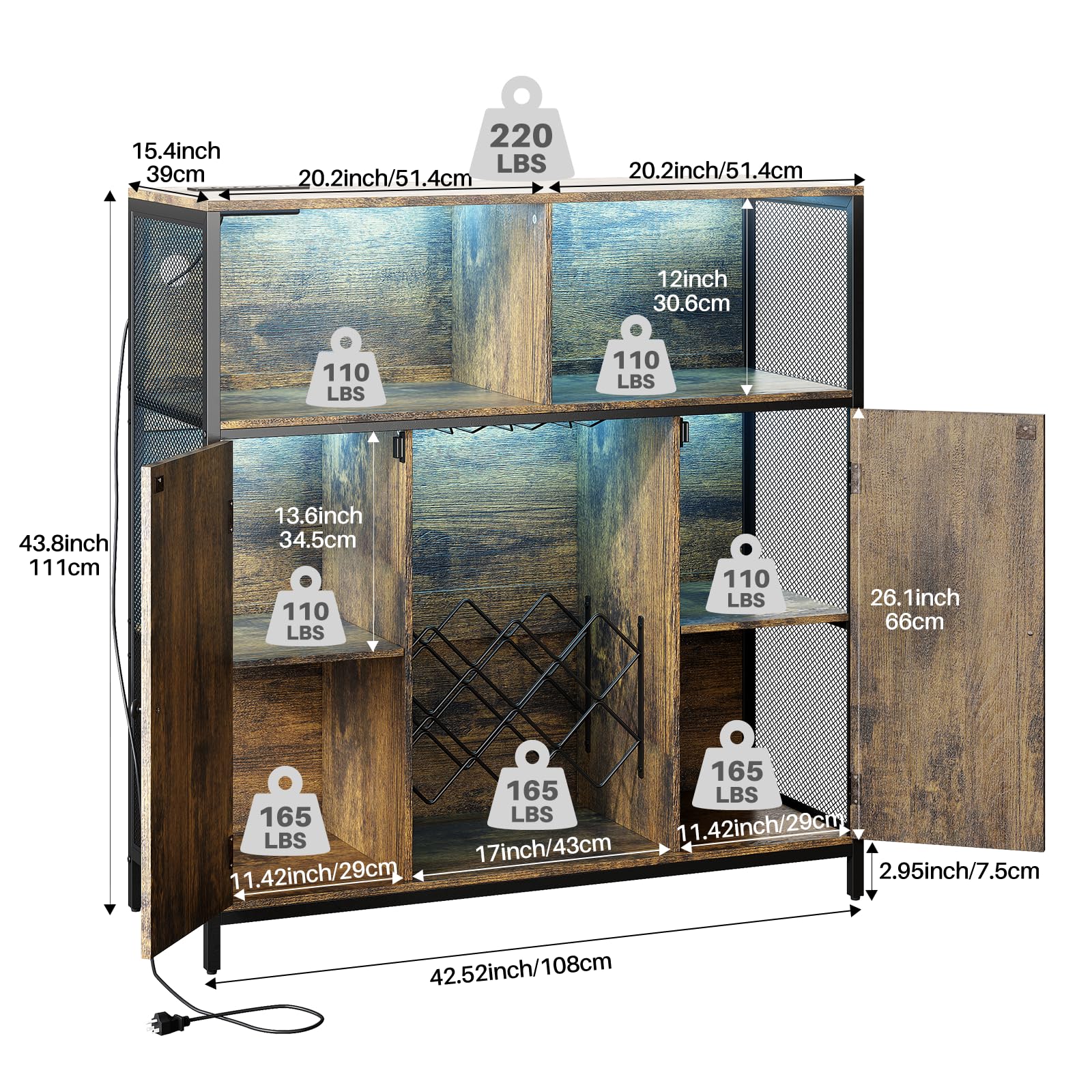 Redlife Industrial Wine Bar Cabinet with Power Outlets, LED Lights & Glass Holder - Modern Storage Buffet for Coffee & Wine Station - Perfect for Home Bar, Dining Room & Entertainment Areas