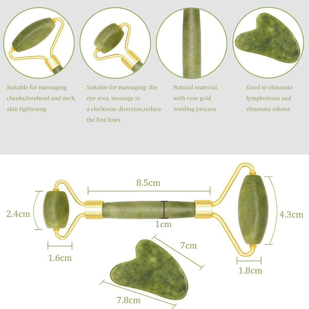 Jade Roller & Gua Sha Scraper Set - Natural Jade Facial Massage Tool for Anti-Aging, Puffiness Relief & Skin Tightening - Includes Face, Neck & Eye Massager - Perfect for Skincare Routine & Relaxation Therapy