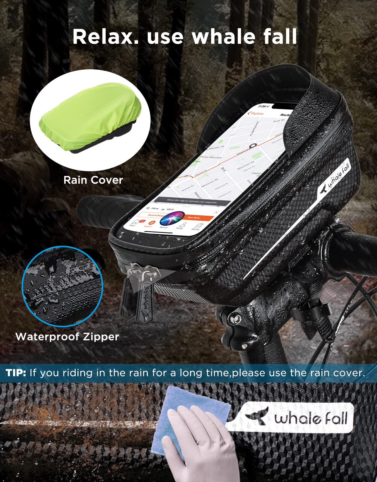 **Whale Fall Waterproof Bike Phone Mount - Durable 0.25mm TPU Phone Holder for Bicycles (Fits Phones up to 6.9