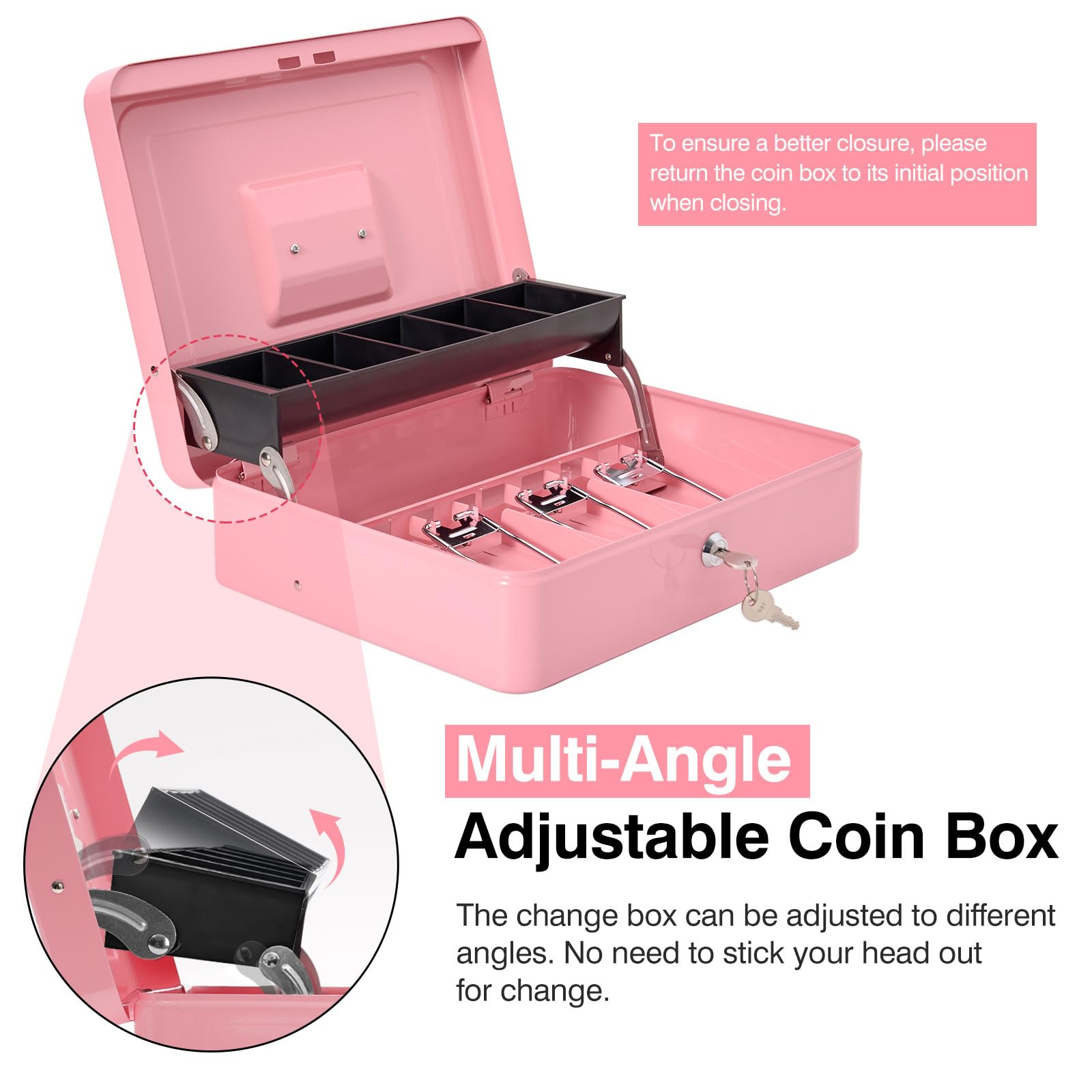 Secure Locking Cash Box with Carry Bag - Heavy Duty Metal Money Safe with Key & Combination Lock, 4 Bill & 5 Coin Slots, Cantilever Design - Pink Money Saving Organizer for Home, Office, Retail & Travel Use