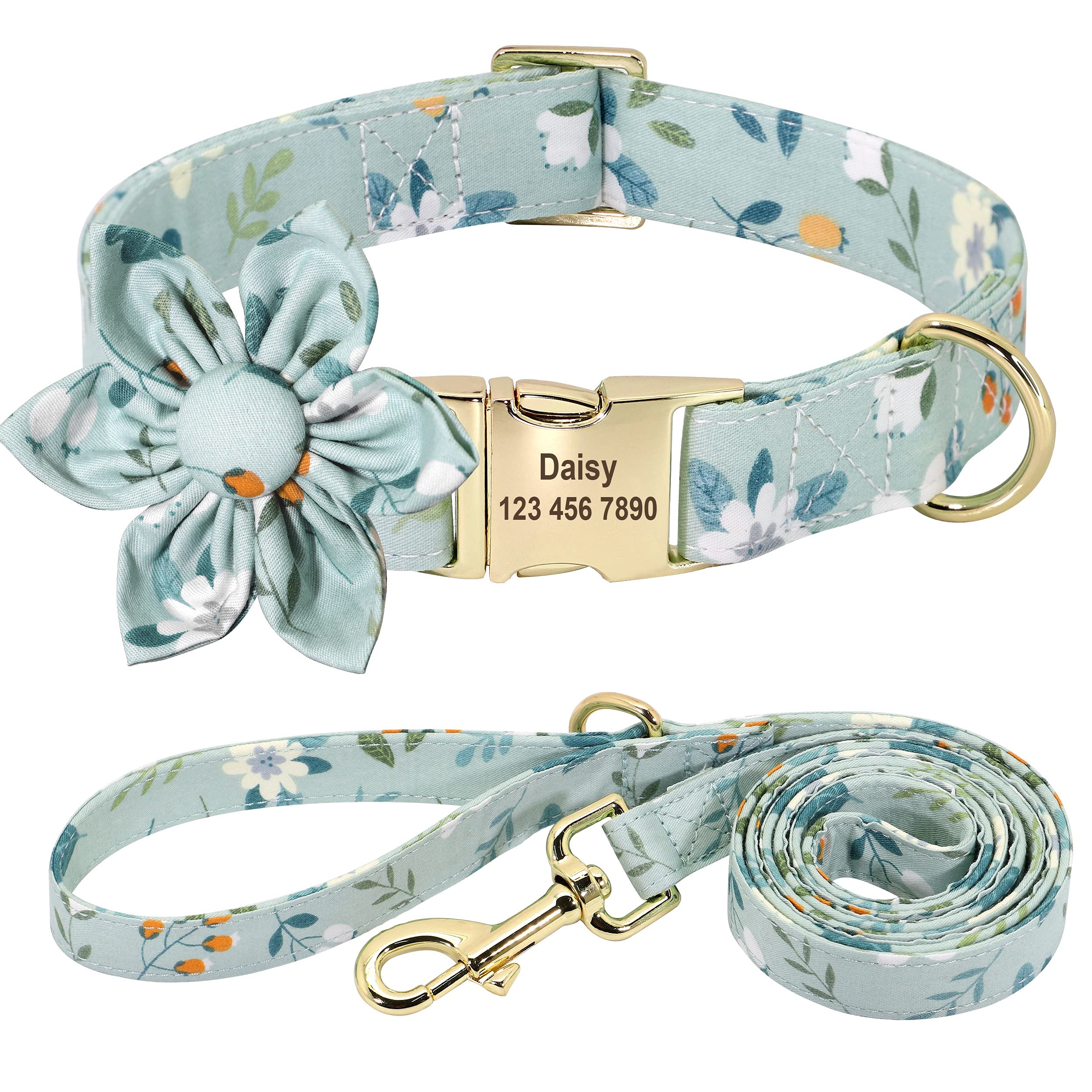Custom Floral Dog Collar and Leash Set for Small Female Dogs - Personalized Engraved Pet Collar with Gold Buckle (Gardenia Pattern, Size S) | Perfect for Weddings, Photo Shoots & Special Occasions