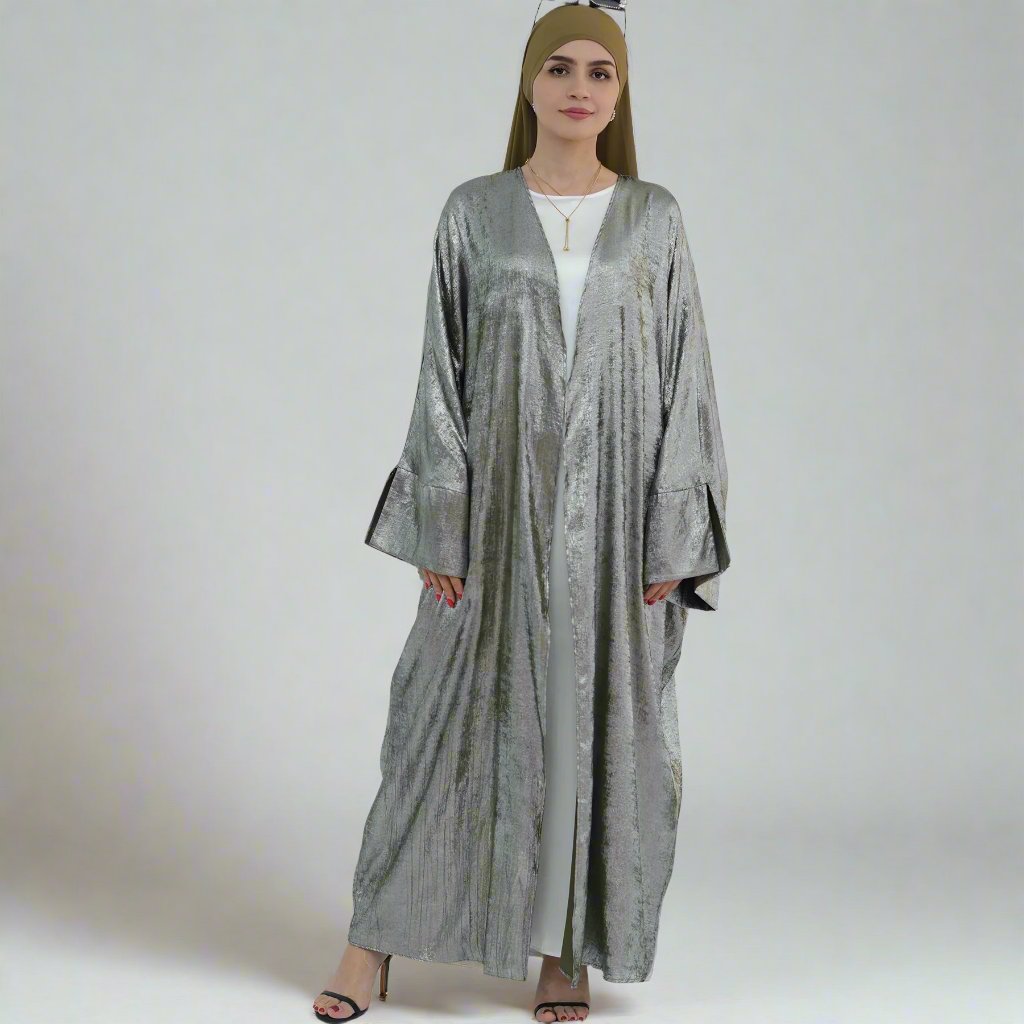 Celine Shimmer Kimono Open Abaya - Olive Green Islamic Abaya Dress for Women | Elegant Loose Fit Abaya for Prayer, Mosque, Eid & Special Occasions