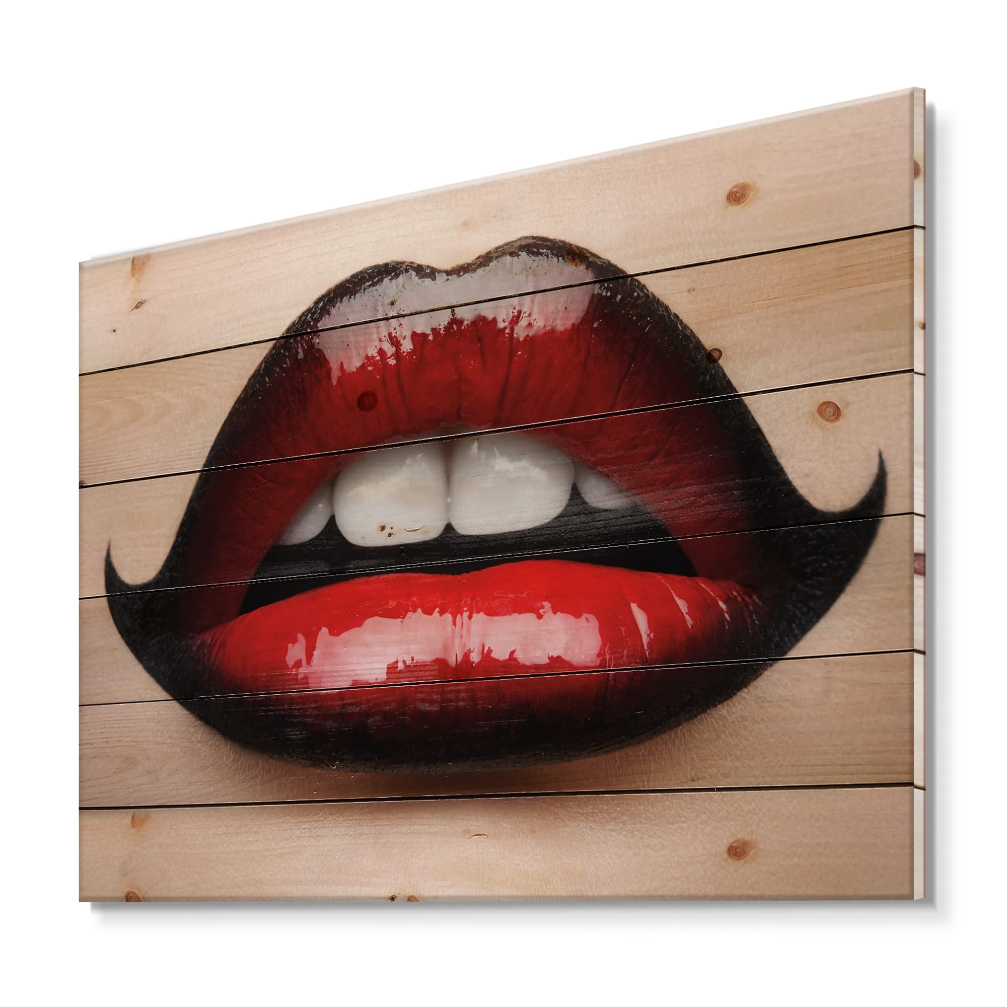 DesignQ Modern Red & Black Lipstick Wood Wall Art - Large Contemporary Female Lips Wall Decor Printed on Natural Pine Wood - Perfect for Living Room, Bedroom & Office Decor