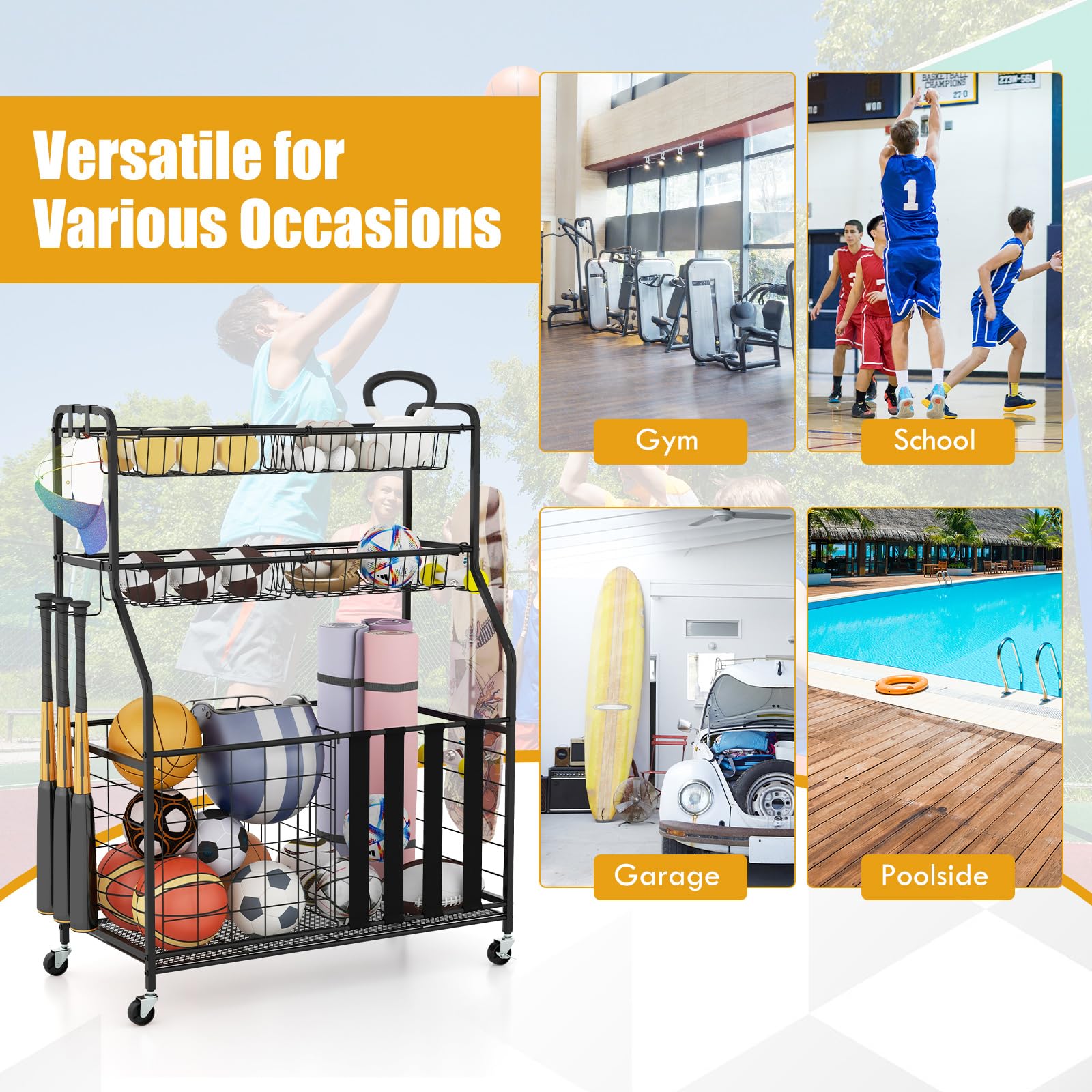 GYMAX Garage Sports Equipment Organizer - Rolling Toy Storage Cart with Lockable Wheels, Basket & Hooks for Golf Bags, Bats, Football Gear | Perfect for Garage, Basement & Playroom Organization