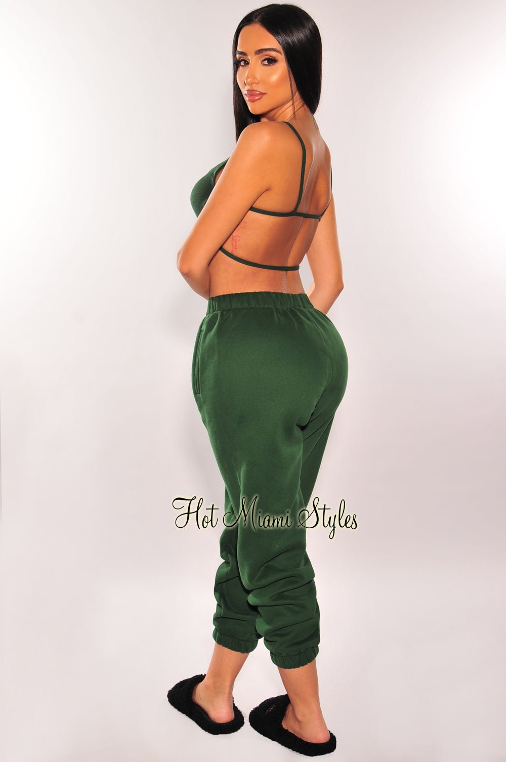 Hunter Green Ribbed Strappy Back Sweatpants Joggers Two Piece Set - Comfortable Lounge Wear for Women | Perfect for Yoga, Running, and Casual Outfits