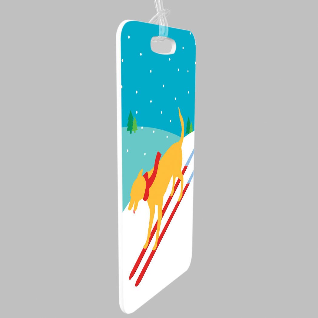 Vintage Skiing Dog Luggage Tag - Customizable Personal Info - Small Yellow Ski-Themed Bag Tag for Travel & Outdoor Adventures