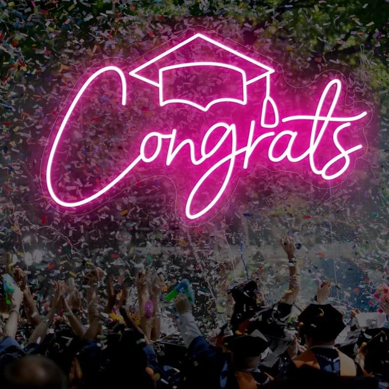 Pink Congrats Grad Neon Sign - 19.6 Inch LED Wall Decor for Graduation Party, Wedding & Home Decoration | Custom Neon Lights for Celebrations & Events