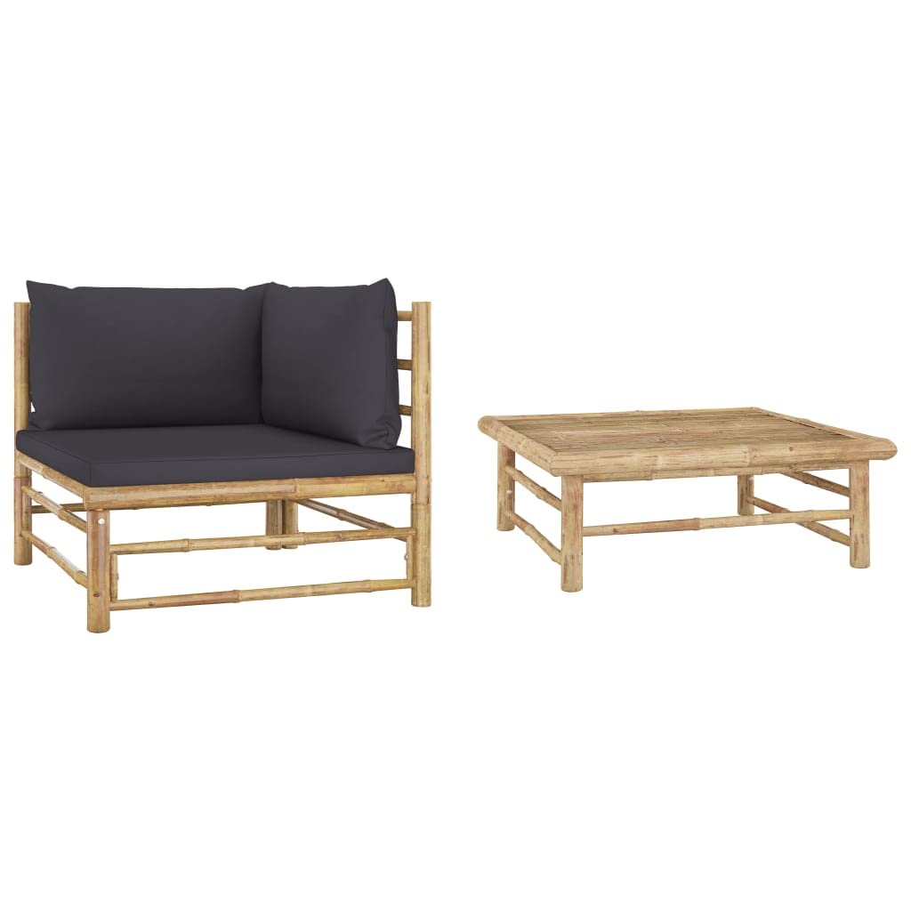 All-Weather 2-Piece Patio Lounge Set with Dark Gray Cushions & Bamboo Frame - Outdoor Modular Sofa for Garden, Terrace, Poolside - Durable Conversation Bistro Furniture for Relaxing in Backyard or Balcony