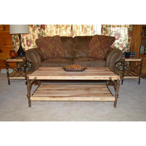 Solid Hickory Wood Coffee Table with Storage Shelf - Rustic Farmhouse Living Room Furniture for Home Decor & Entertainment Areas