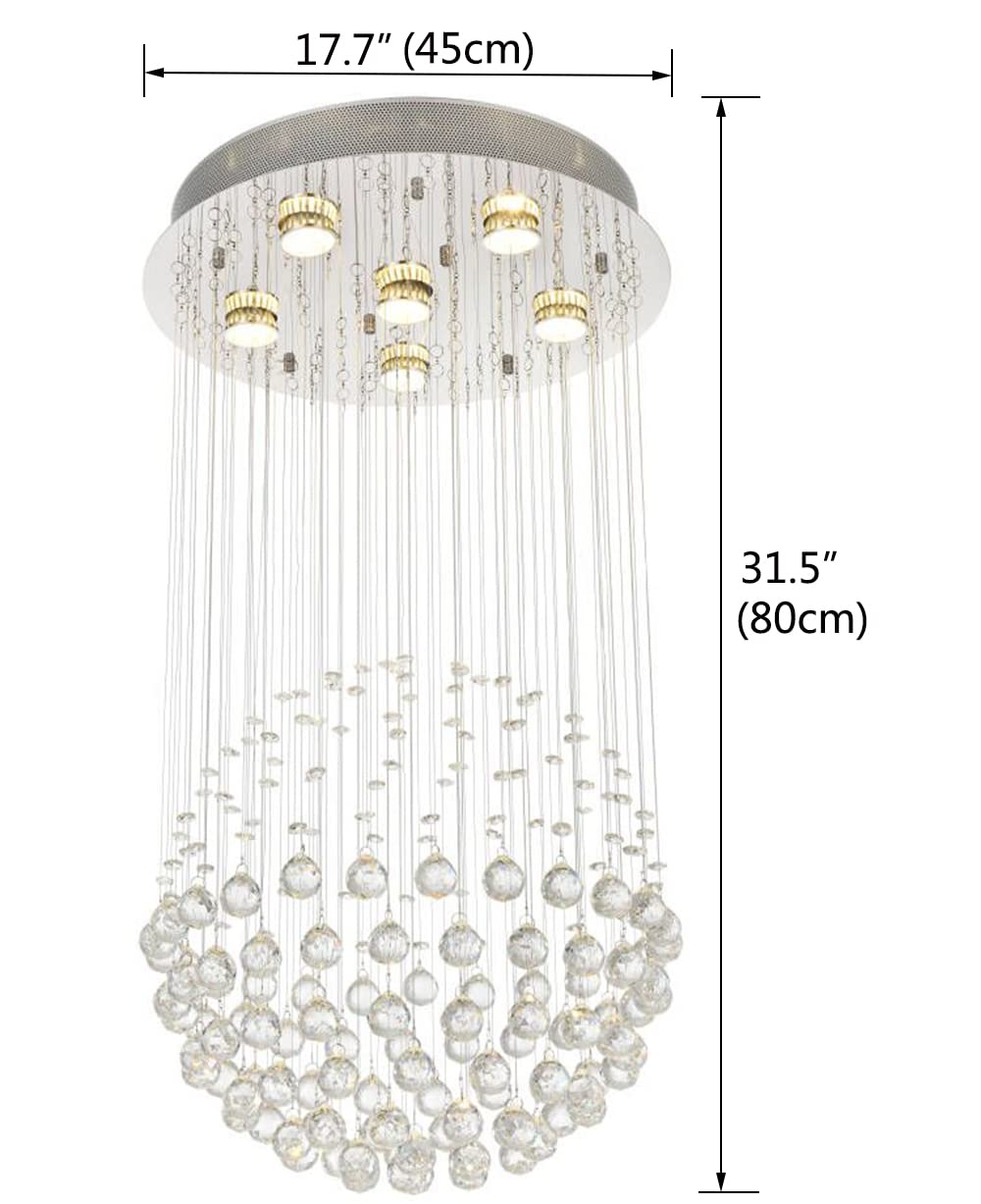 Modern Crystal Chandelier Lighting - Clear K9 Crystal Raindrop Ceiling Light Fixture, Luxurious Ball Flush Mount Light for Dining Room, Living Room, Hallway, Foyer & Entryway - 45cm Diameter x 80cm Height - Perfect for Home Decor, Wedding Venues & Luxury Interior Design