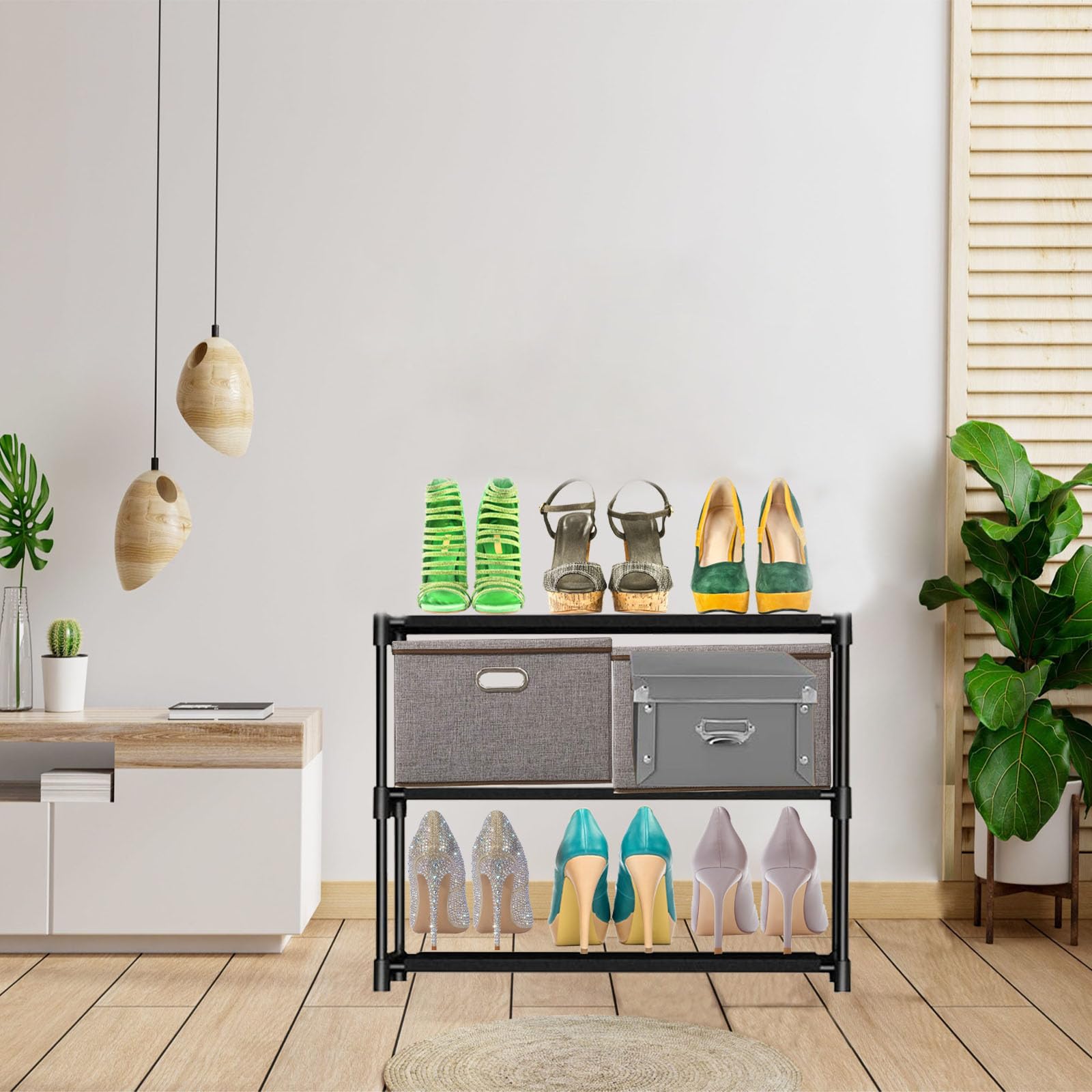 3-Tier Metal Shoe Rack Organizer - Holds 6-9 Pairs of Shoes | Dustproof & Waterproof Cover | Space-Saving Closet & Entryway Storage Solution for Home, Apartment & Dorm Organization (Black)