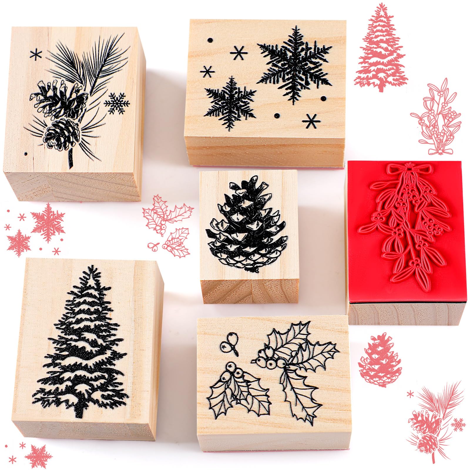 6-Piece Vintage Christmas Rubber Stamp Set - Merry Christmas, Snow, Tree Designs for DIY Scrapbooking, Card Making & Handcrafting - Perfect for Holiday Greeting Cards, Gift Wrapping & Craft Projects