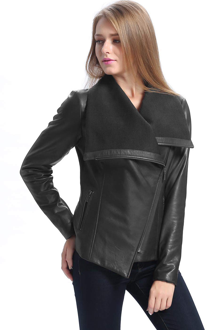 BGSD Women's Lily Lambskin Leather Drape Jacket - Plus Size & Petite Available | Elegant Outerwear for Office, Dinner Dates & Special Occasions