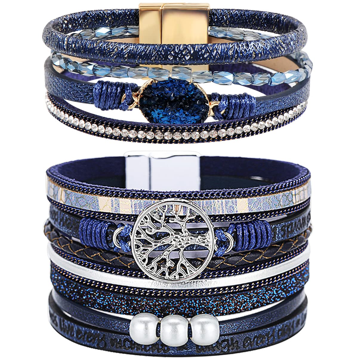 Boho Leather Wrap Bracelets for Women - Bohemian Crystal Beaded Adjustable Magnetic Clasp Layered Bracelet Set, Trendy Jewelry Gift for Her | Perfect for Festivals, Parties & Everyday Boho Chic Style