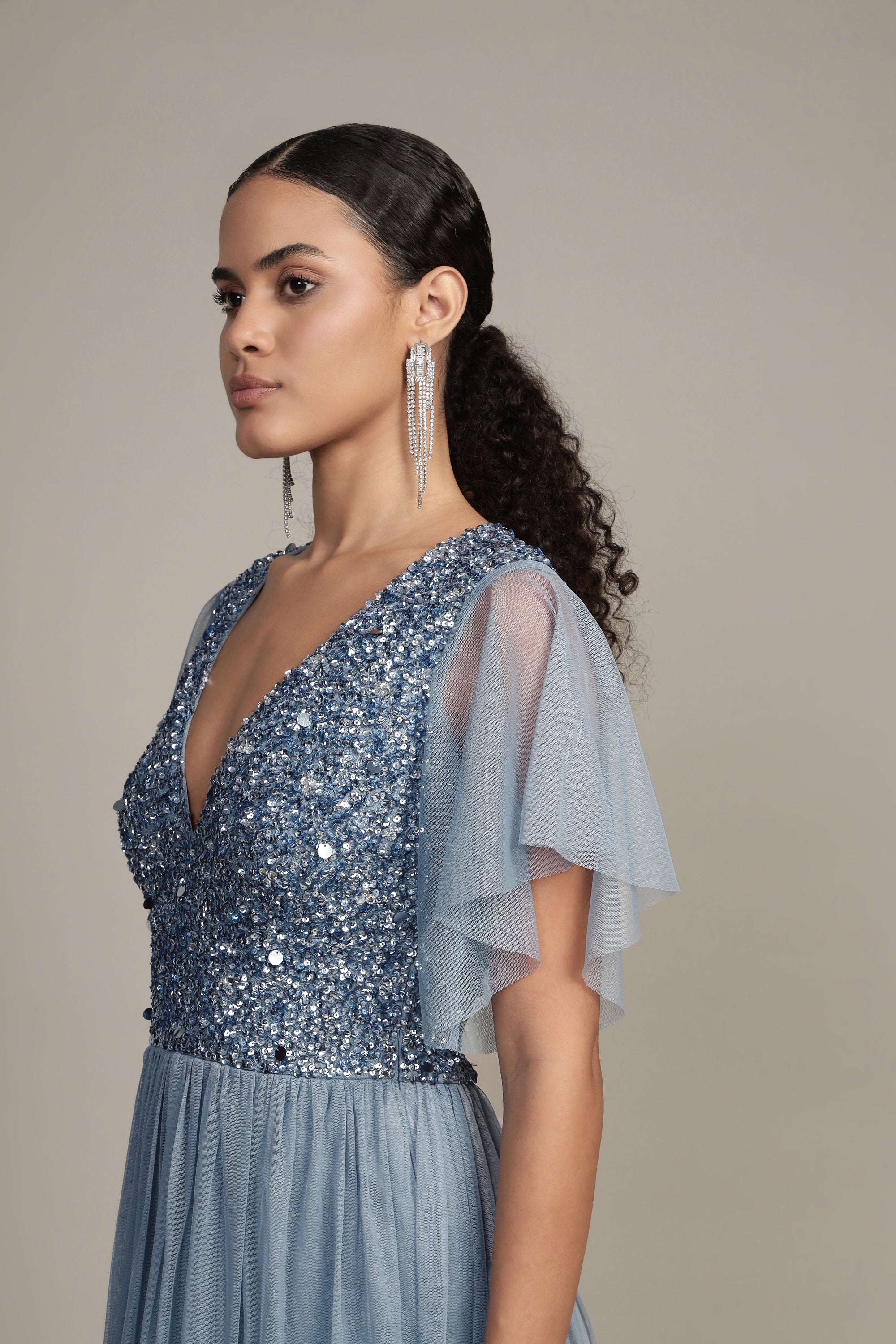 Elegant Maddie Embellished Midi Dress in Dusty Blue - Perfect for Weddings, Parties & Special Occasions