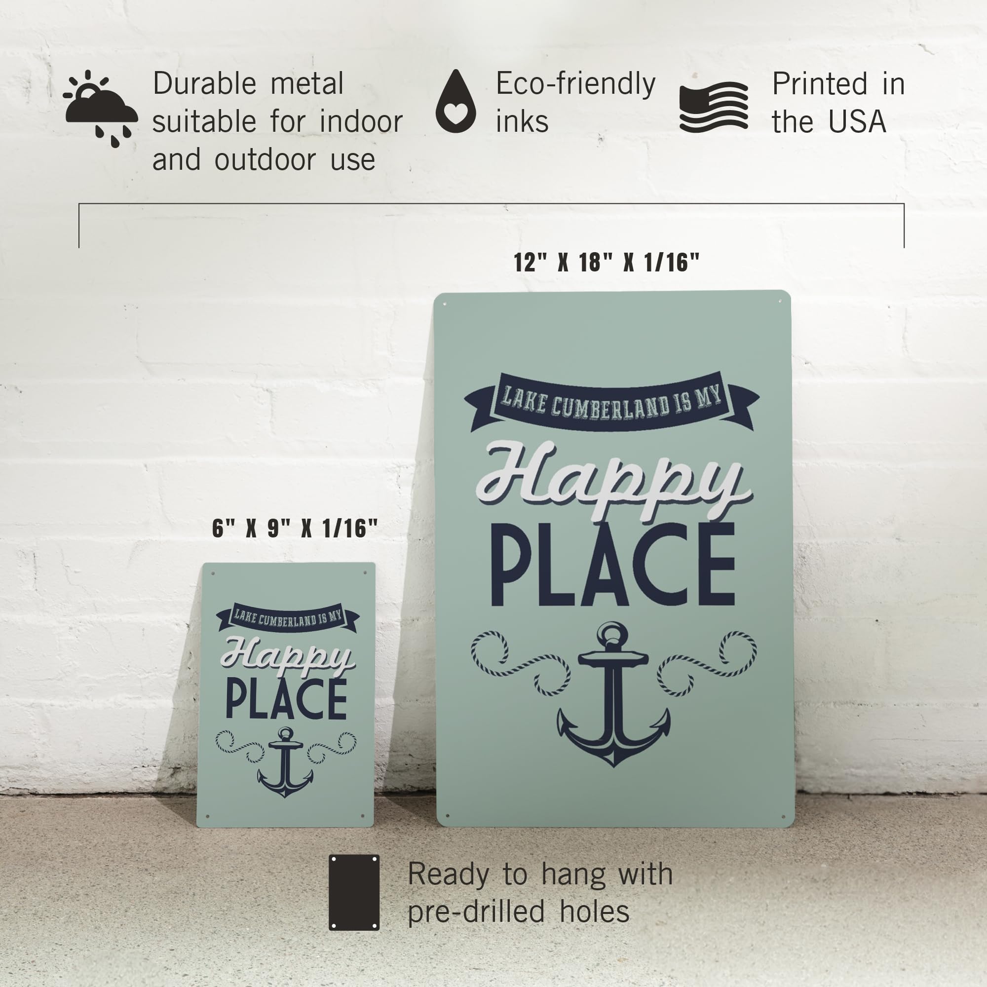 Lantern Press 6x9 Inch Lake Cumberland Kentucky Metal Sign - 'My Happy Place' Anchor Design in Blue & Green - Perfect for Home Decor, Man Cave, or Cabin Wall Art