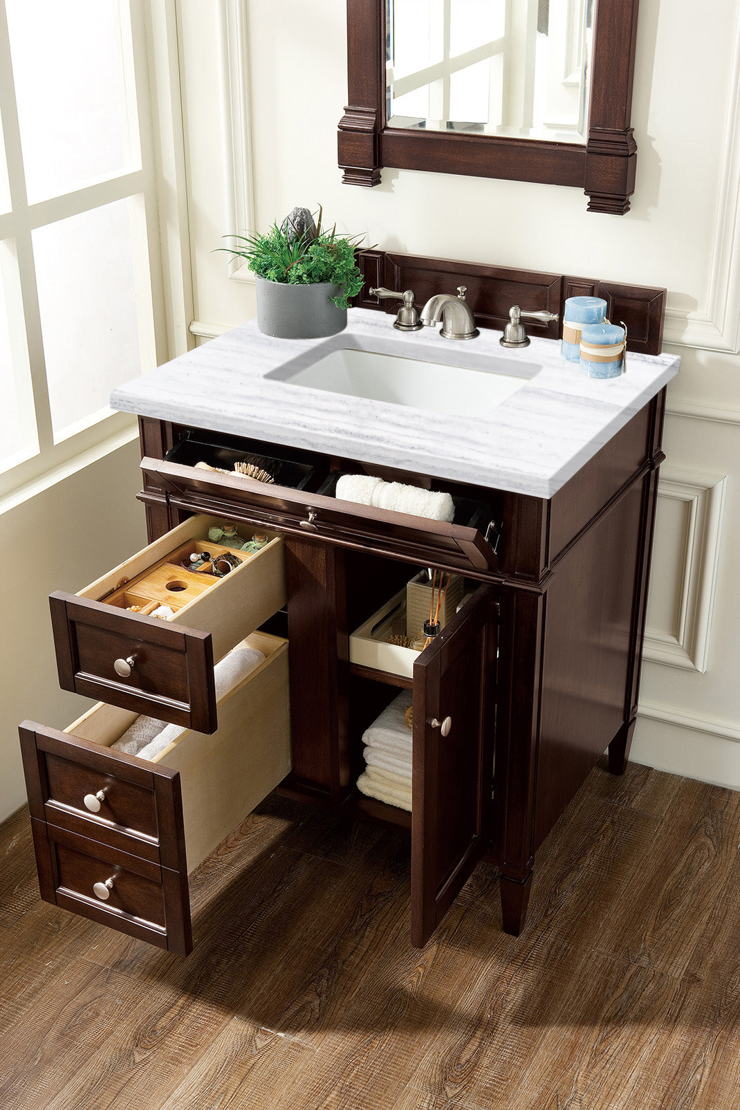 Brittany 30 Inch Single Bathroom Vanity with Burnished Mahogany Finish & 3CM Arctic Fall Solid Surface Top - Perfect for Modern Home Renovation & Small Space Bathrooms