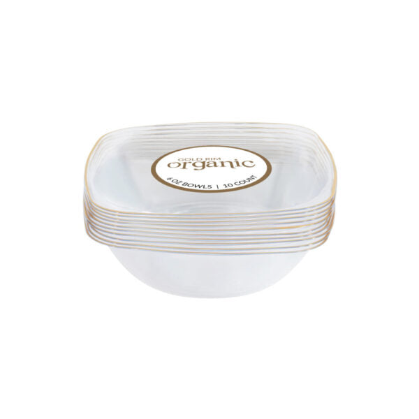 Clear and Gold 6 oz. Plastic Dessert Bowls 10 Pack - BPA Free Eco-Friendly Disposable Bowls for Parties, Ice Cream, Salads, and Snacks - Organic & Stylish Serving Bowls for Weddings, Picnics, and Events