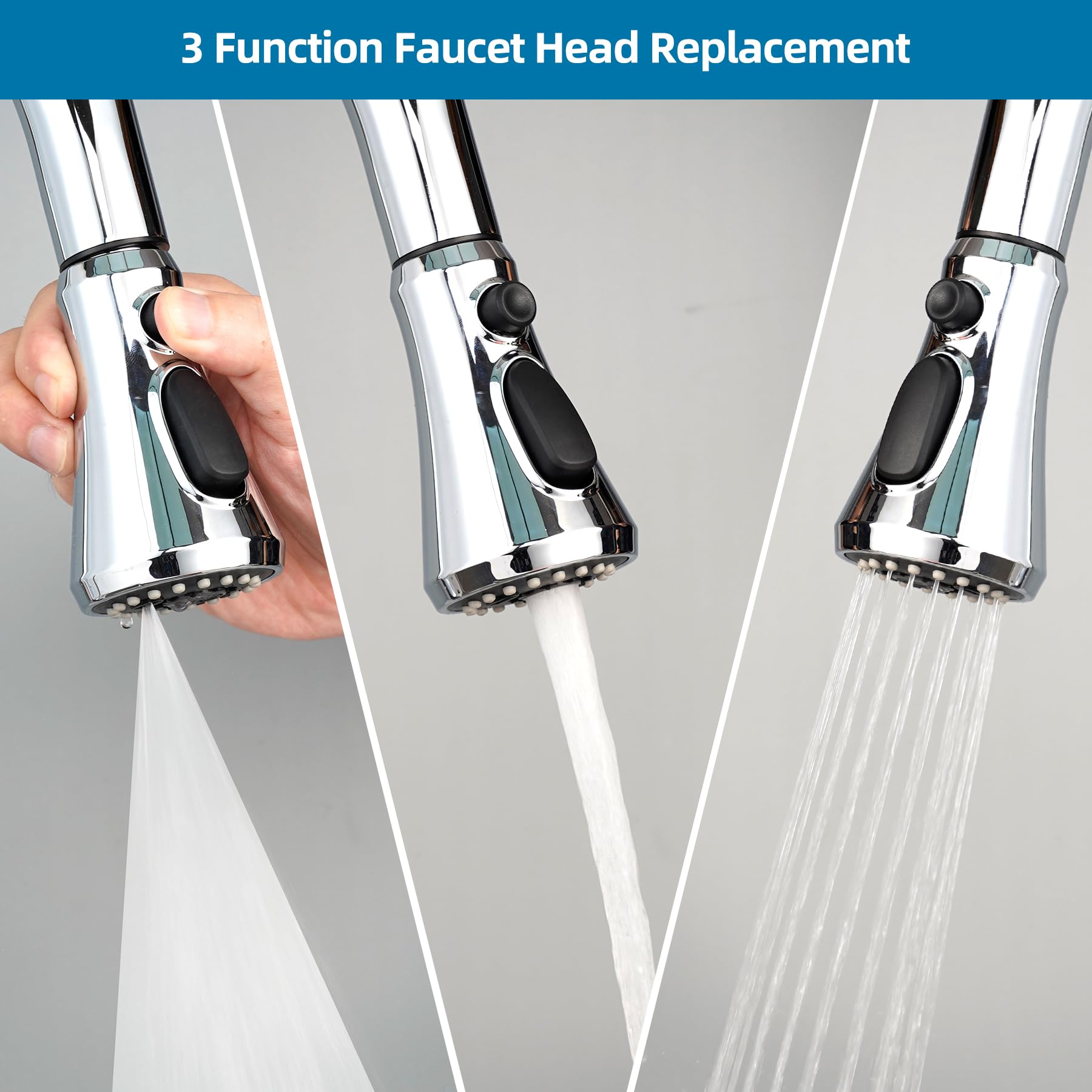 Hygie Rinse Universal Kitchen Faucet Head Replacement - Compatible with Kohler, Moen, Delta Faucets - 15 Adapter Kit Included - 3 Function Pull Down Sink Spray Head - Chrome Finish - Perfect for Dishwashing, Food Prep & Kitchen Cleaning