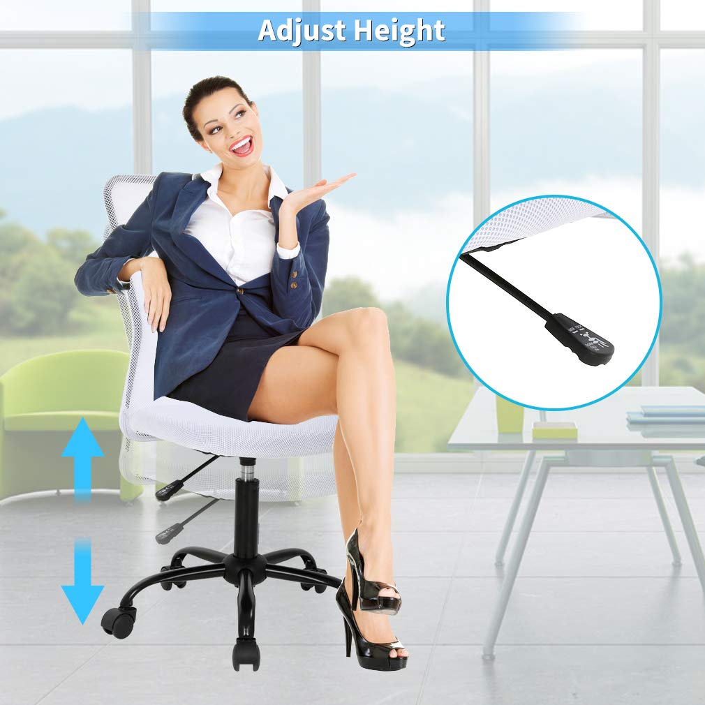 Ergonomic Office Chair with Lumbar Support - Adjustable Height Mesh Computer Desk Chair, Mid Back Swivel Task Chair for Women & Men - Modern Armless Executive Chair for Home & Office Workspace (White)