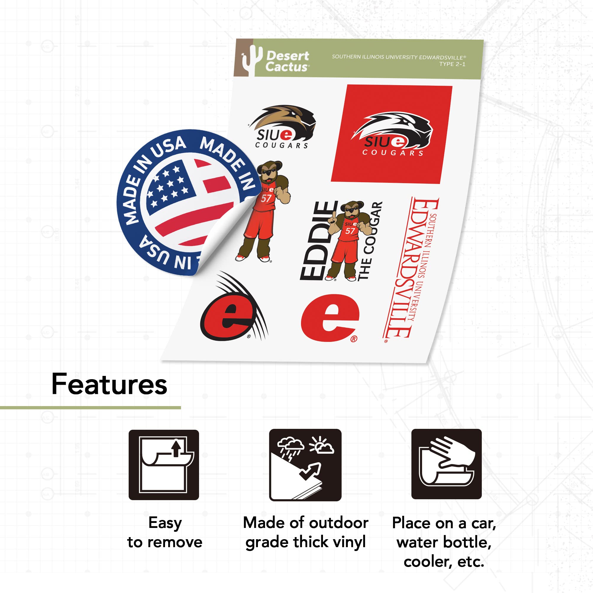 SIUE Cougars Vinyl Decals - Desert Cactus Southern Illinois University Edwardsville Stickers for Laptop, Water Bottle, Car & Scrapbook - Durable Waterproof Decal Sheet (Type 2) - Perfect for School Spirit, College Pride & Fan Gifts