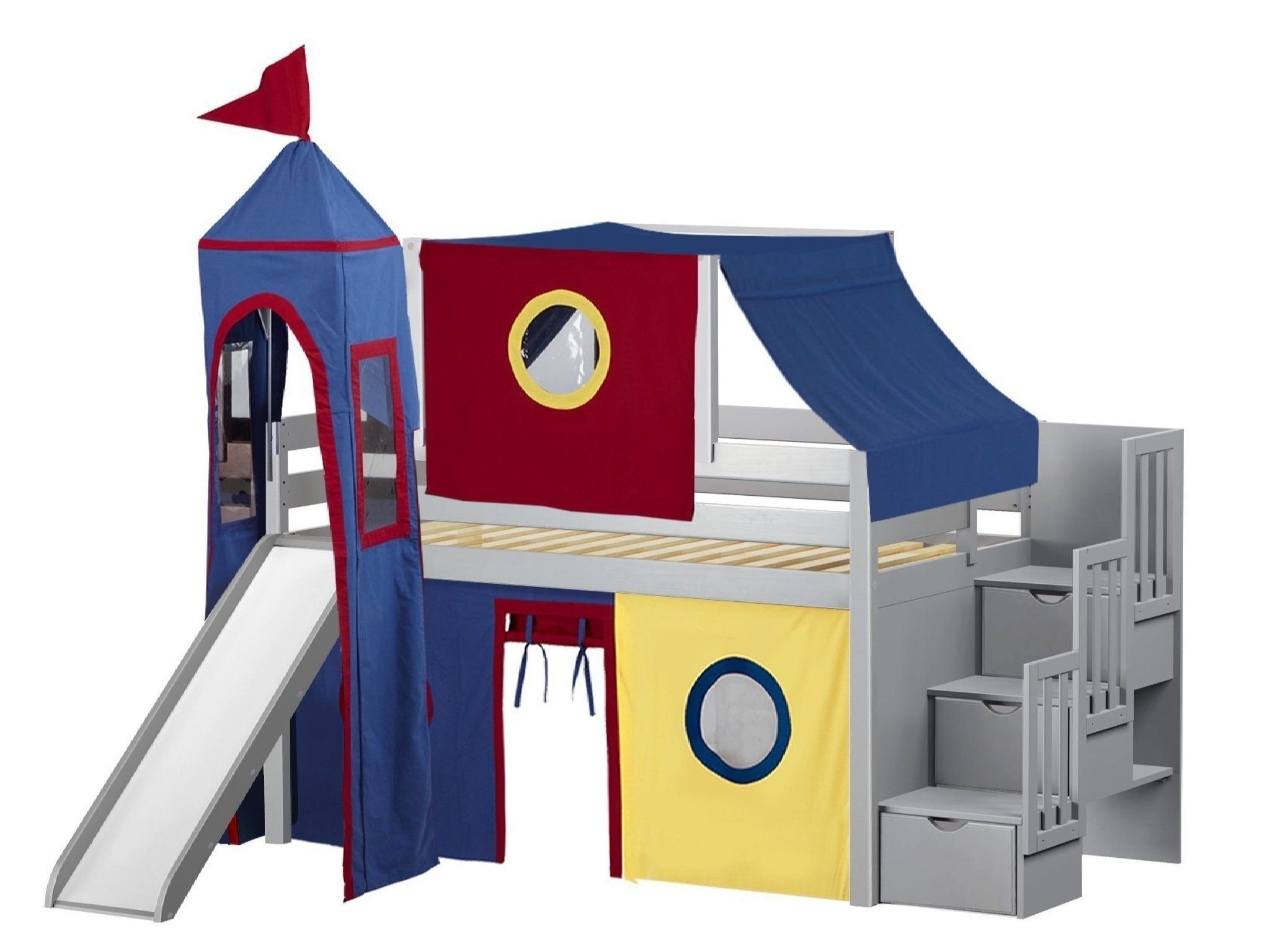 Castle Low Loft Stairway Twin Bed with Slide - Red & Blue Play Tent & Tower - Kids Bunk Bed for Playroom & Bedroom - Gray