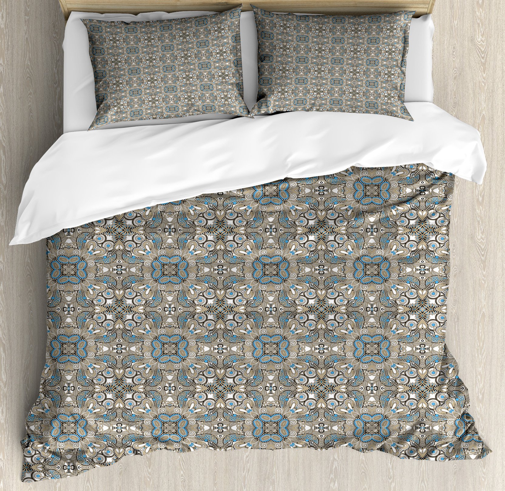 Ambesonne Bohemian Duvet Cover Set - King Size 3-Piece Bedding with 2 Pillow Shams, Ethnic Persian Floral Design in Tan Blue & White - Vintage Oriental Home Decor for Master Bedroom & Guest Room