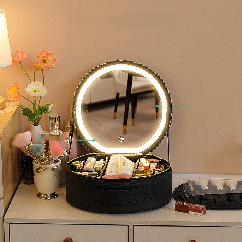 Round Smart LED Makeup Bag with Mirror Lights - Large Capacity PU Leather Cosmetic Case for Women | Travel Organizer & Beauty Storage | Perfect for Travel, Home Vanity & On-the-Go Touchups