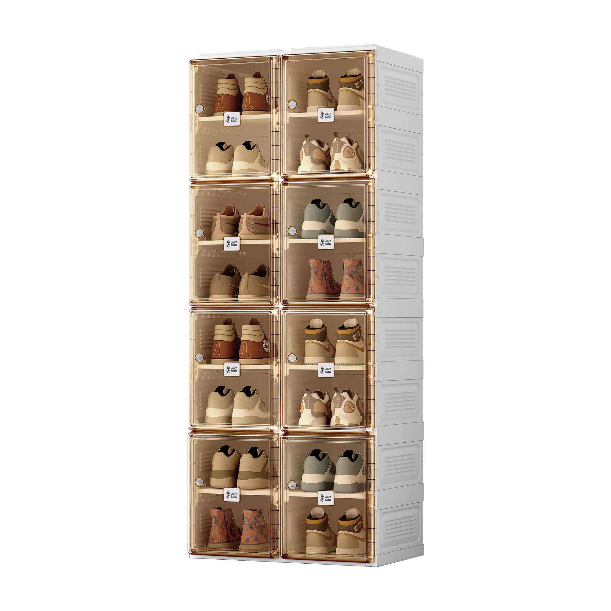 Portable Folding Shoe Organizer with Magnetic Clear Door - 8-Tier 16-Grid Storage Box for Sneakers & Shoes | Sturdy Easy-Assembly Closet Cabinet for Bedroom, Entryway & Dorm Organization
