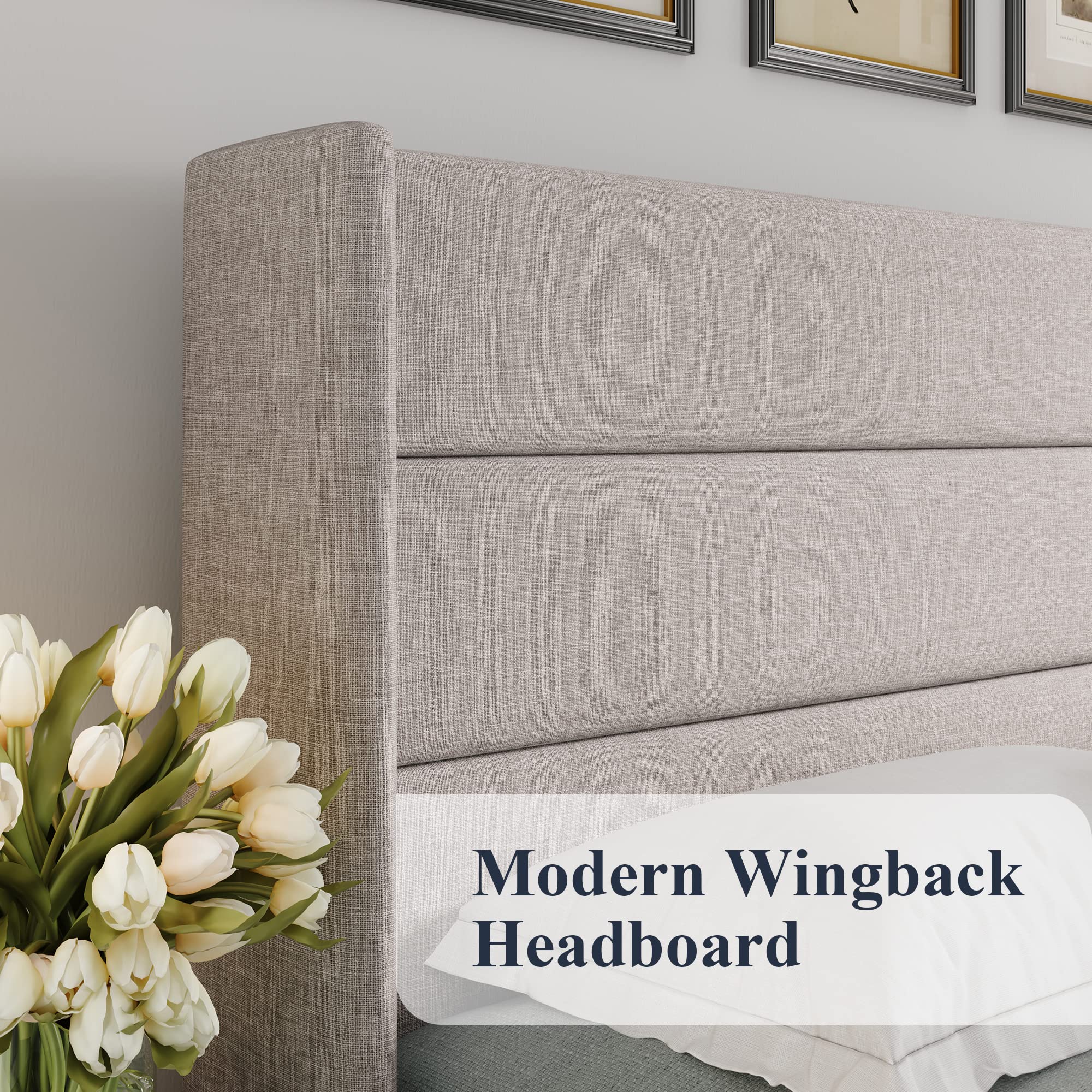 Allewie Full Size Lift Up Storage Bed with Modern Wingback Headboard - Hydraulic Support, No Box Spring Needed, Light Beige - Perfect for Small Bedrooms, Guest Rooms & Space-Saving Solutions