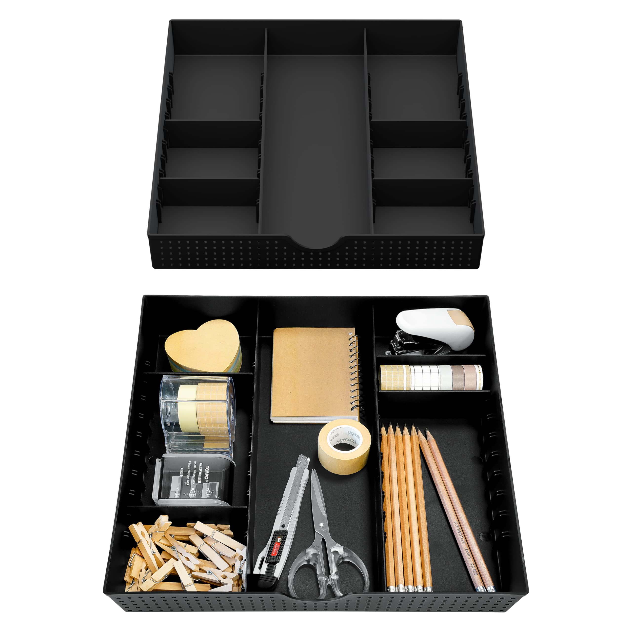 CAXXA 3-Slot Drawer Organizer with 4 Adjustable Dividers - 7 Compartment Storage Box for Makeup, Office Supplies & Vanity Accessories | Black (2-Pack) | Perfect for Bedroom, Bathroom & Desk Organization