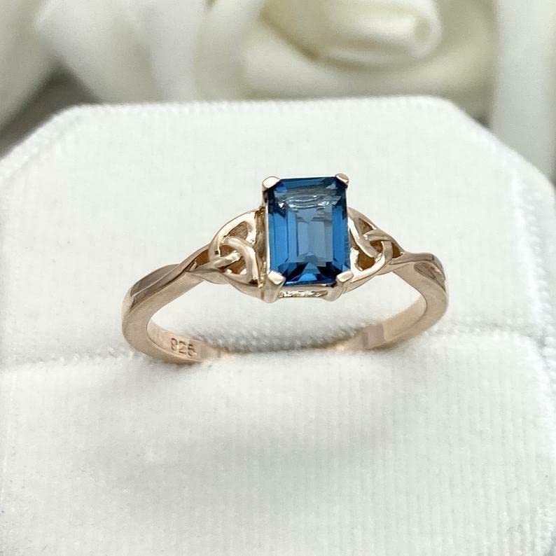 1ct Emerald Cut London Blue Topaz Celtic Trinity Knot Ring - Yellow Gold Plated for Women | Elegant Jewelry Gift for Anniversary, Wedding & Special Occasions