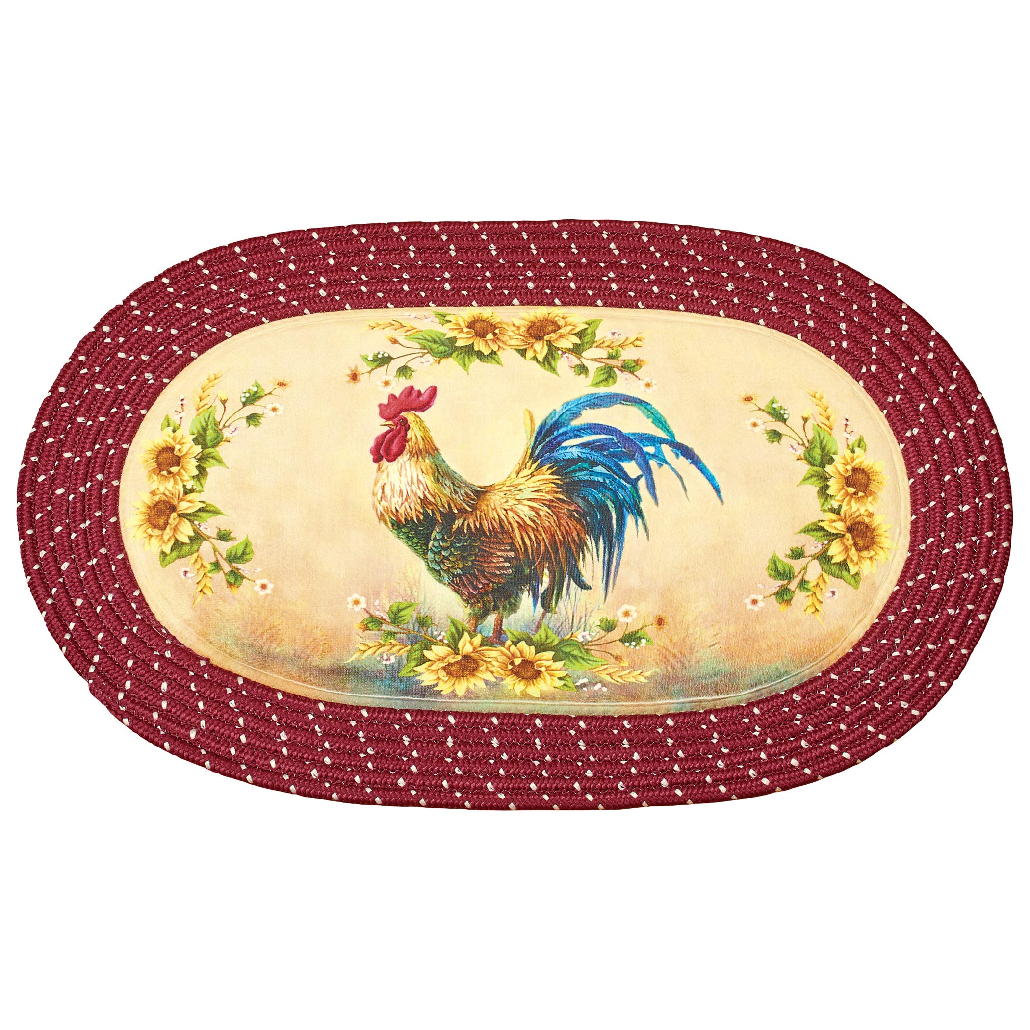 Non-Slip Braided Kitchen Runner Rug with Rooster & Sunflower Design - Farmhouse Style Washable Floor Mat for Kitchen, Dining Room, and Entryway