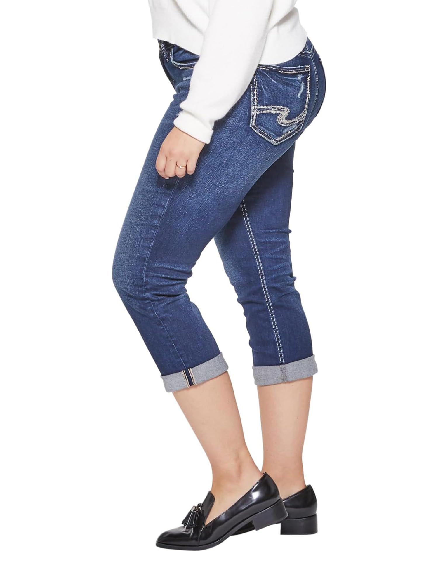 Silver Jeans Co. Women's Plus Size Suki Mid Rise Curvy Fit Capri Jeans - Stretch Denim Pants for Casual Wear & Everyday Comfort