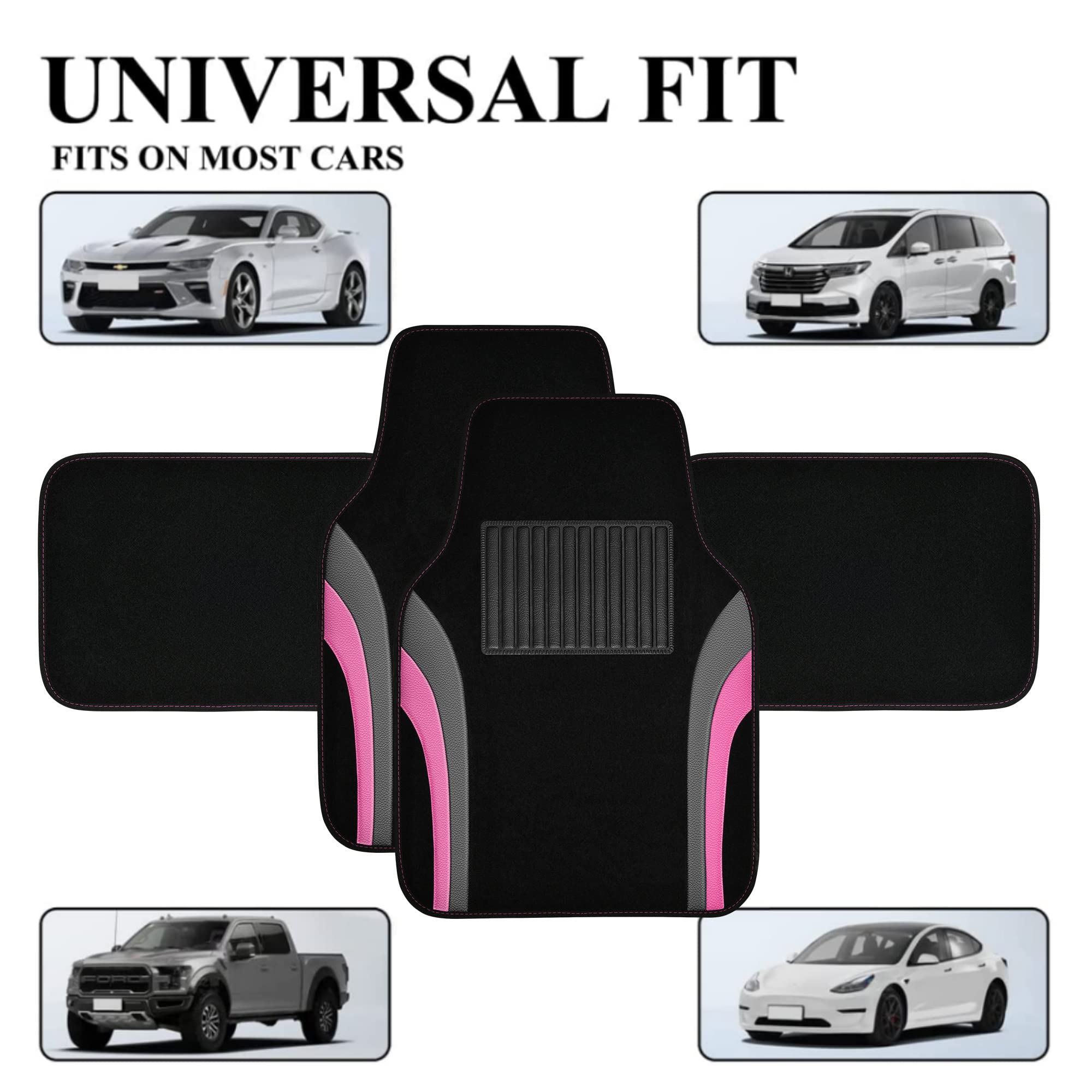 Premium CAR PASS Leather Sporty Car Floor Mats - Universal Waterproof Automotive Floor Liners for Sedans, SUVs, Trucks & Vans - 4-Piece Set (Black & Pink) - Perfect for Daily Commute, Road Trips & All-Weather Protection