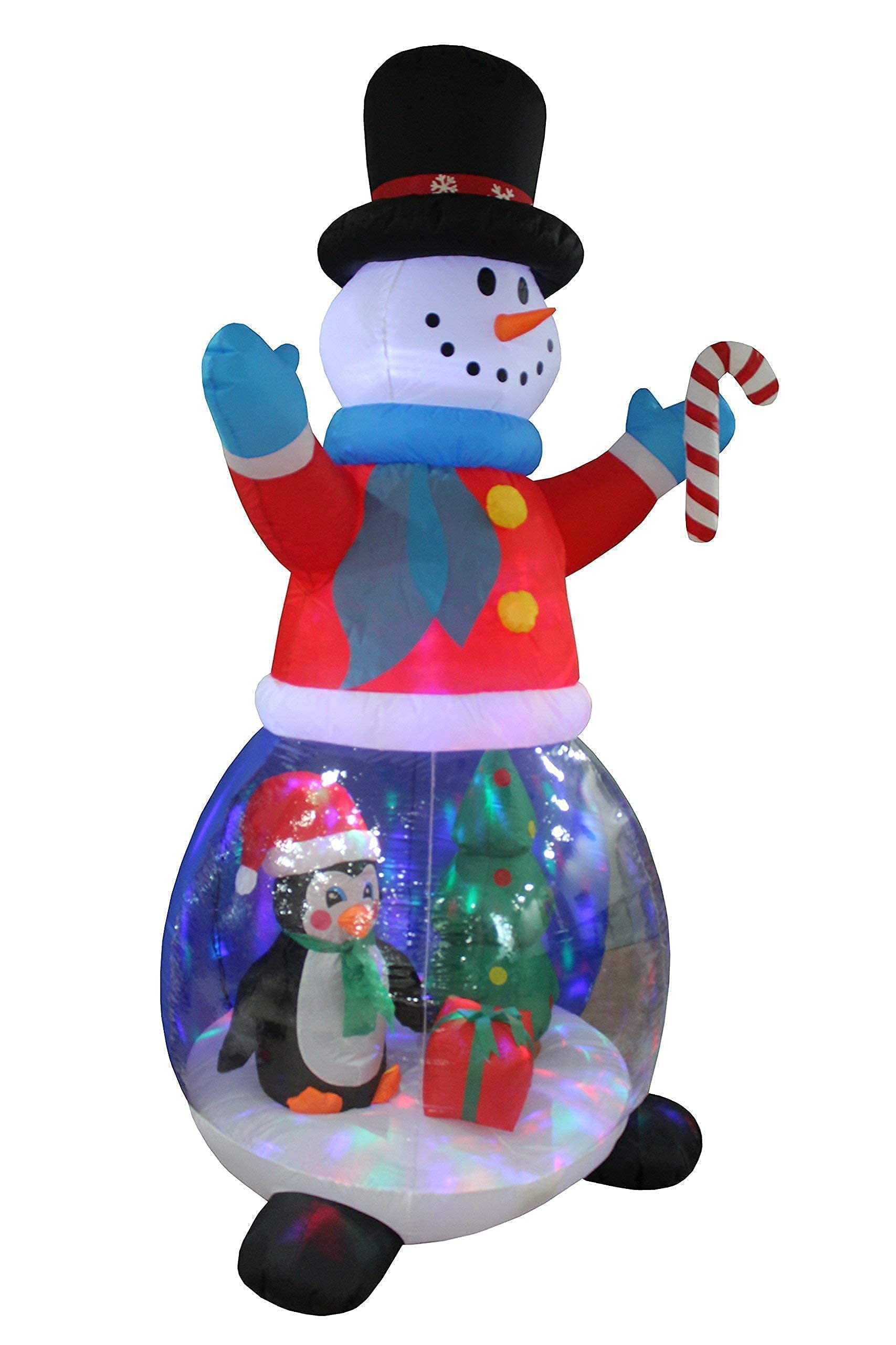 8ft Inflatable Snowman Globe with Penguin & Tree + 5ft Snowman Campfire Blowup with Lights - Christmas Party Decorations Bundle for Outdoor Yard & Indoor Holiday Decor