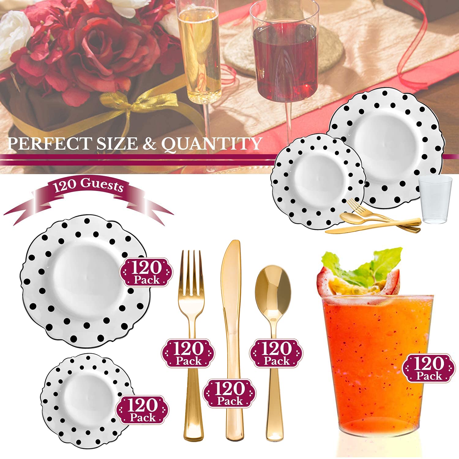 Eco-Friendly Disposable Plastic Dinnerware Set with Round Dots - 720pcs (120 Person) Wedding Party Value Pack - Includes Dinner Plates, Salad Plates, Gold Cutlery (Spoon, Fork, Knife) & Clear Cups - Elegant White with Black Design - Perfect for Weddings, Parties, Catering & Outdoor Events