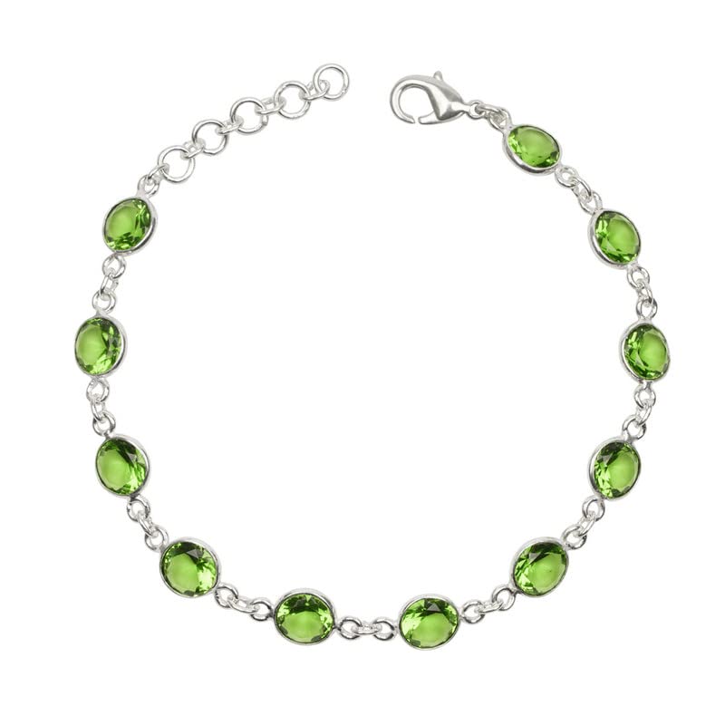 Peridot Stone Bracelet for Women - Adjustable Silver Overlay Bezel Link Bracelet | Handmade Round Gemstone Jewelry | Perfect Christmas Gift, Birthday Present & Everyday Wear