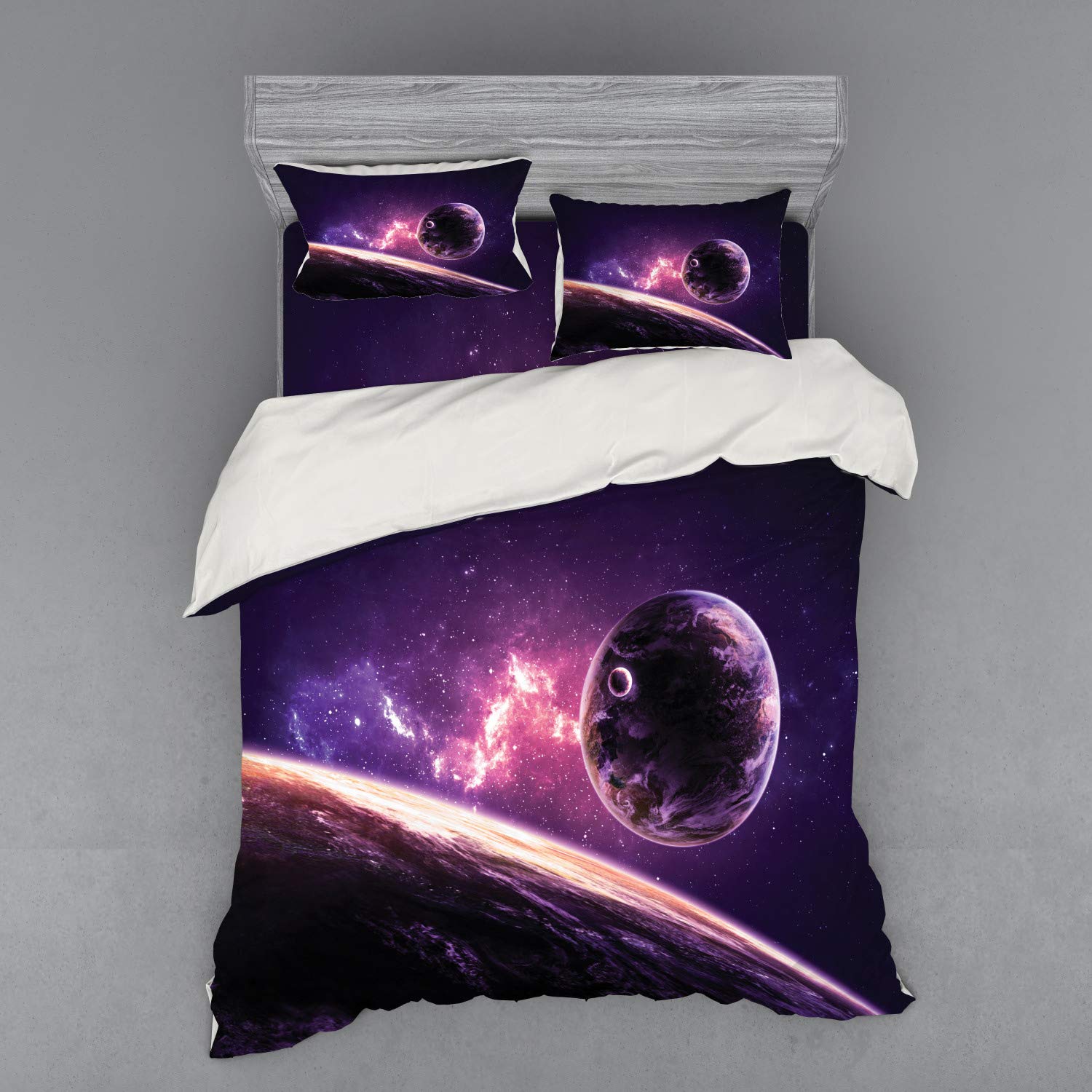 Ambesonne Galaxy Queen Size Bedding Set - 4 Piece Duvet Cover with Shams & Fitted Sheet, Purple Nebula Celestial Comet Astronomy Design in Magenta Mauve | Perfect for Space-Themed Bedrooms, Astronomy Lovers & Unique Home Decor