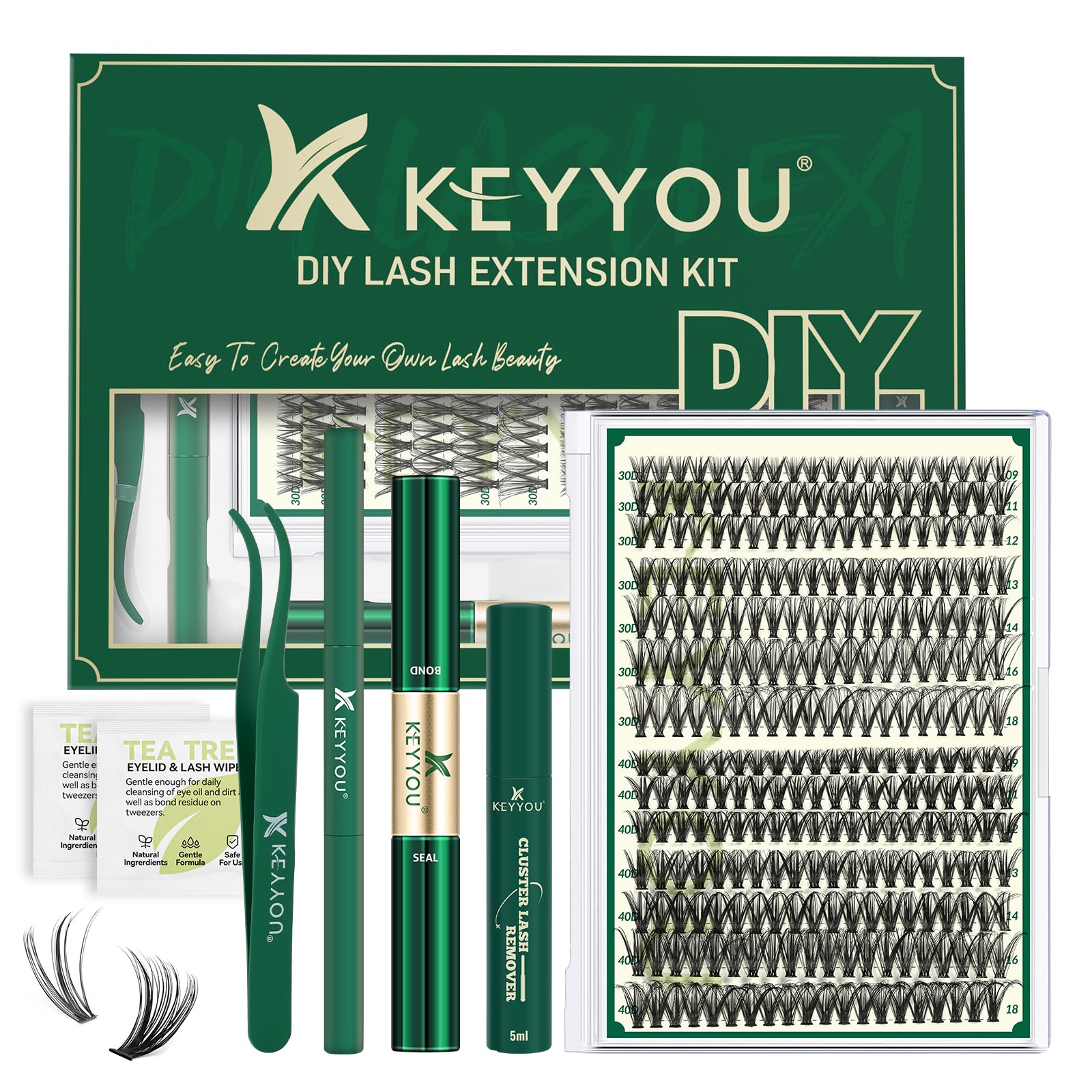KEYYOU DIY Lash Extension Kit - 300Pcs Professional Individual Eyelash Extensions (30D/40D/0.07D Curl, 9-18mm Mix) with Lash Glue & Remover Applicator - Easy to Use for Salon Quality Lashes at Home | Perfect for Bridal, Party & Everyday Makeup Looks
