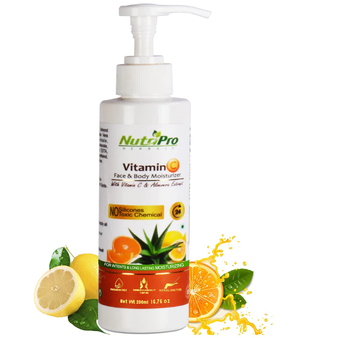 NutriPro Vitamin C Face & Body Moisturizer with Aloe Vera Extract | Hydrating Non-Sticky Lotion for Women & Men | Long-Lasting Moisture | Silicone & Paraben Free (200ml) | Perfect for Dry Skin Care & Daily Hydration Routine