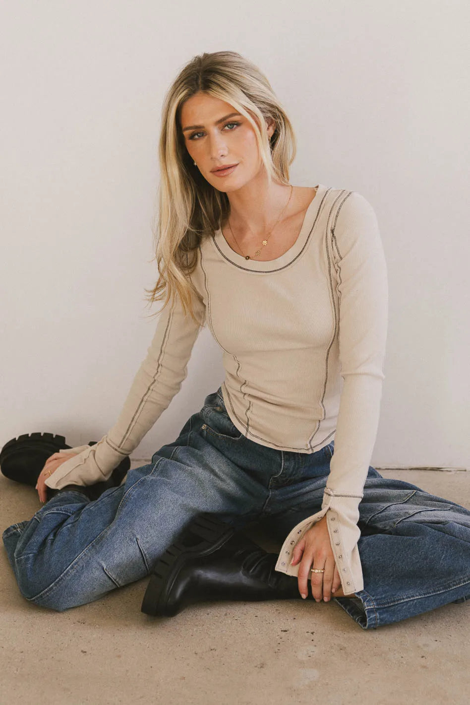 Astrid Ribbed Top in Ecru - Women's Stretch Knit Casual Shirt for Everyday Wear | Perfect for Office, Date Night & Weekend Outfits