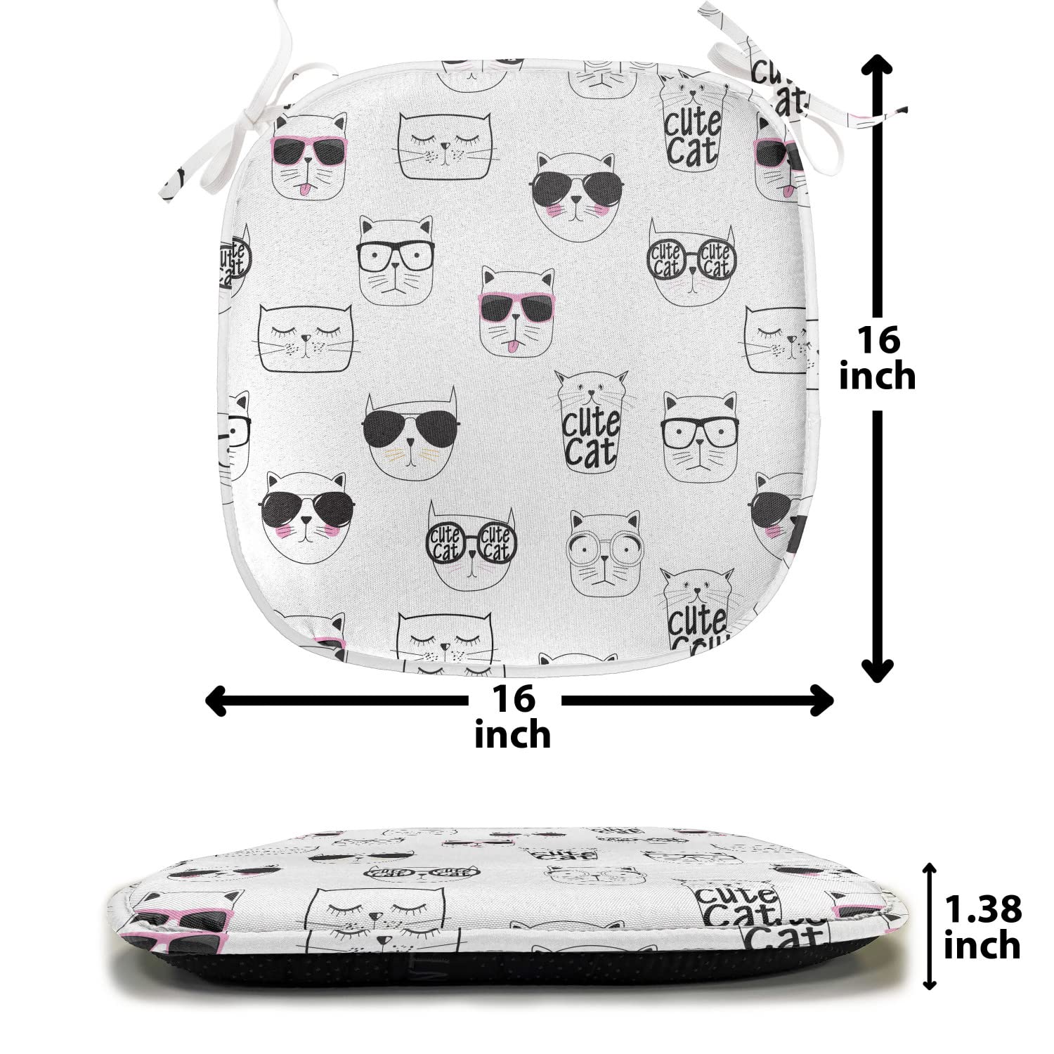 Ambesonne Cat Chair Cushion Set of 8 - Hipster Cat Portraits with Sunglasses, Funny Doodle Design, Non-Slip Seat Pads for Kitchen, Dining & Patio Furniture - 16x16 Inch Black White Pink - Perfect for Home Decor, Gifts & Cat Lovers