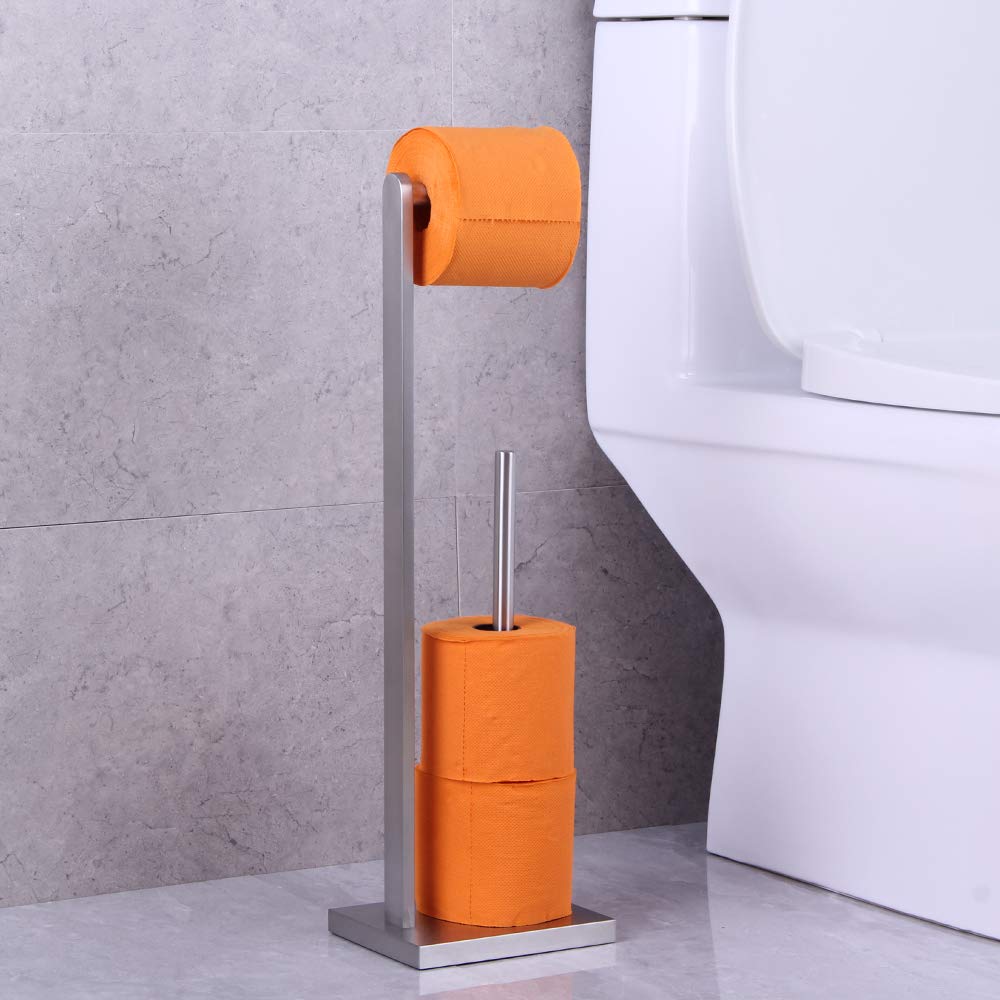 Premium GERZWY SUS 304 Stainless Steel Free Standing Toilet Paper Holder - Brushed Nickel Finish Bathroom Tissue Roll Stand for Modern Bathrooms, Powder Rooms & Guest Toilets - DZY022-LS