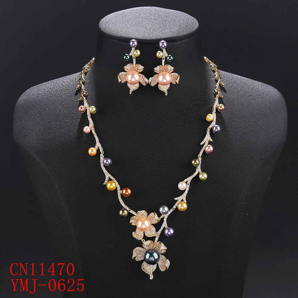 2-Piece Cubic Zirconia Pearl Flower Necklace & Earrings Set for Women - Elegant Wedding & Party Jewelry - Perfect for Bridal, Prom, Anniversary & Formal Events